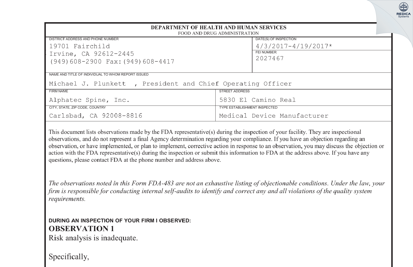 FDA 483 - Alphatec Spine, Inc. [Carlsbad / United States of America] - Download PDF - Redica Systems