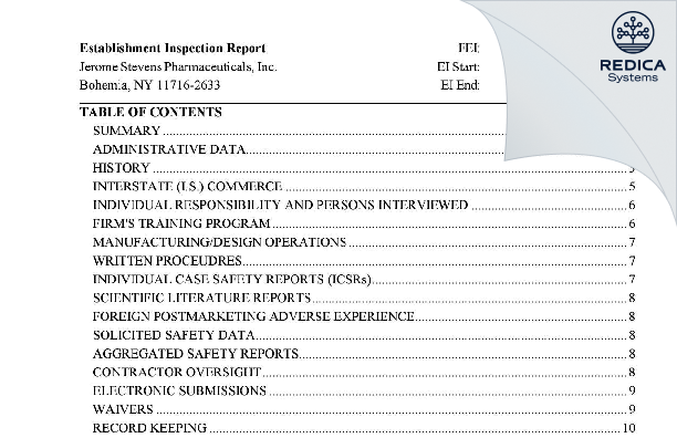 EIR - Jerome Stevens Pharmaceuticals, Inc. [Bohemia / United States of America] - Download PDF - Redica Systems