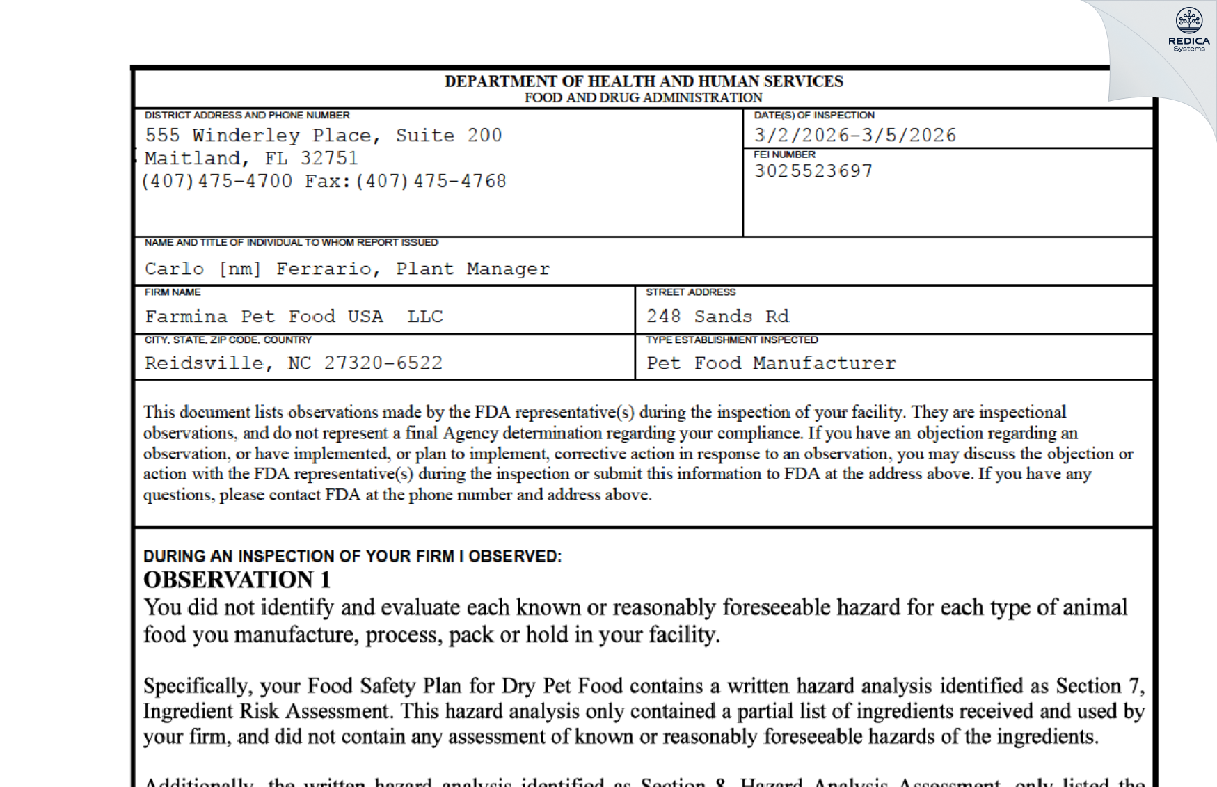 FDA 483 - Farmina Pet Food USA LLC [Reidsville / United States of America] - Download PDF - Redica Systems