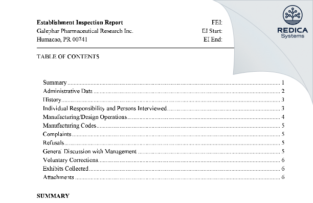 EIR - Galephar Pharmaceutical Research Inc. [Río Abajo / Puerto Rico] - Download PDF - Redica Systems