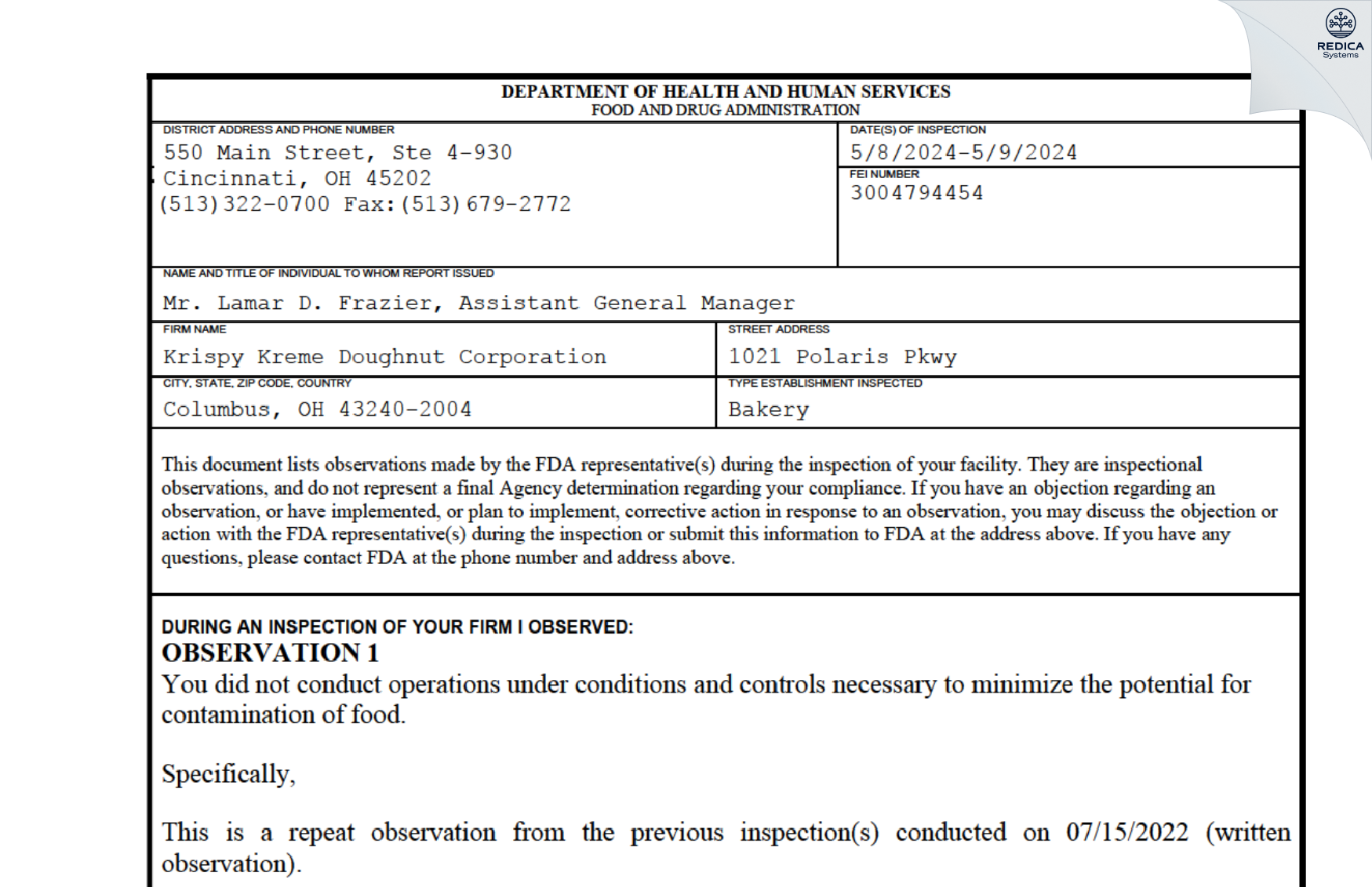 FDA 483 - Krispy Kreme Doughnut Corporation [Columbus / United States of America] - Download PDF - Redica Systems