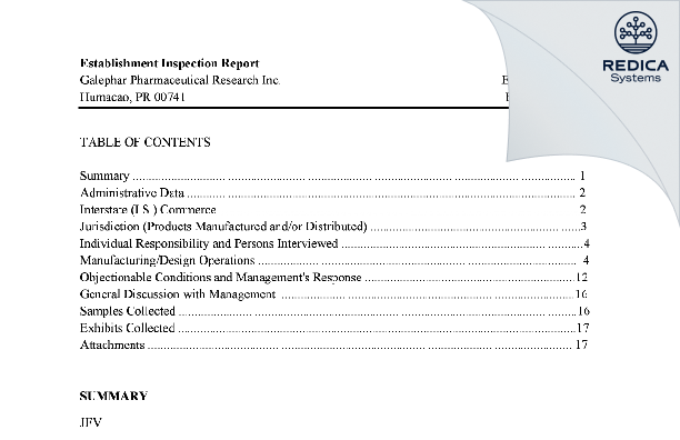 EIR - Galephar Pharmaceutical Research Inc. [Río Abajo / Puerto Rico] - Download PDF - Redica Systems