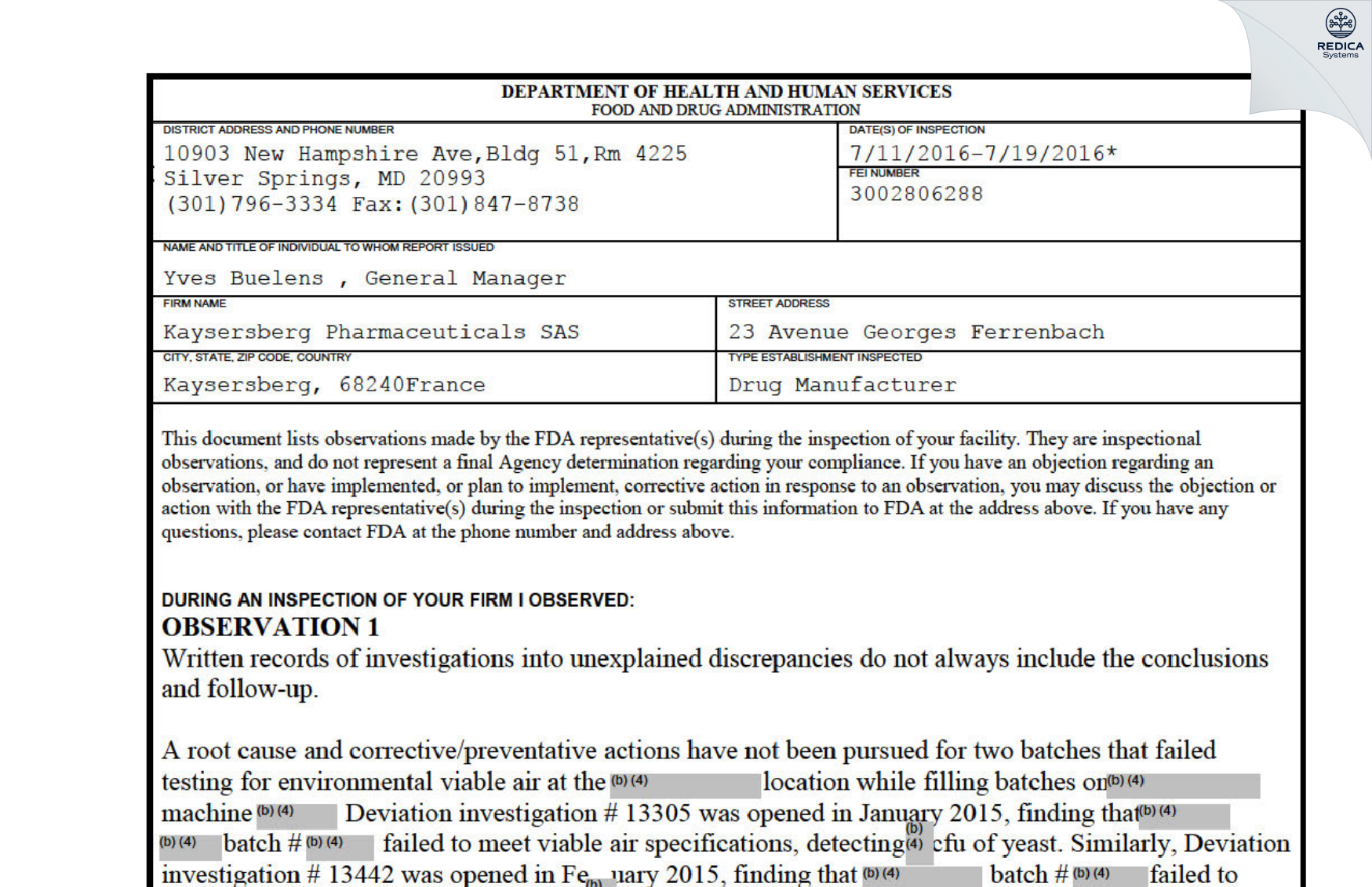 FDA 483 - Kaysersberg Pharmaceuticals [Kaysersberg Vignoble / France] - Download PDF - Redica Systems
