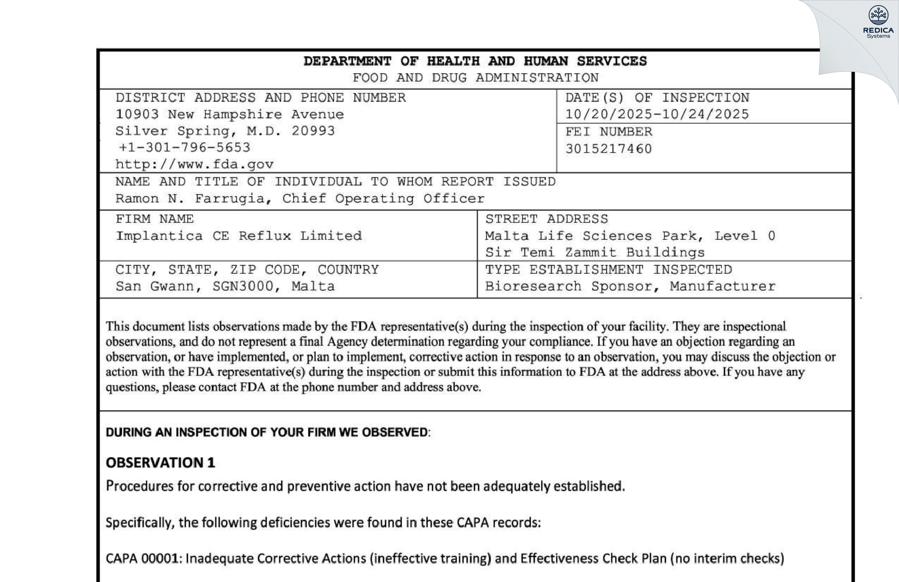 FDA 483 - Implantica CE Reflux Limited [San Gwann / Malta] - Download PDF - Redica Systems