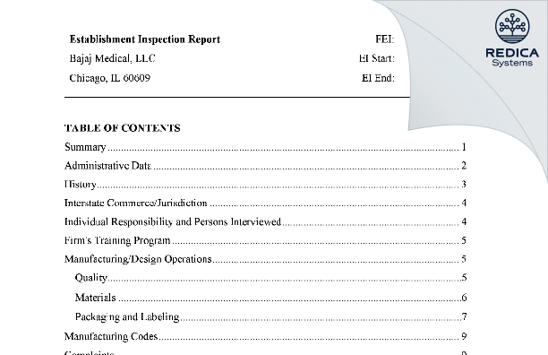 EIR - Bajaj Medical, LLC [Chicago / United States of America] - Download PDF - Redica Systems