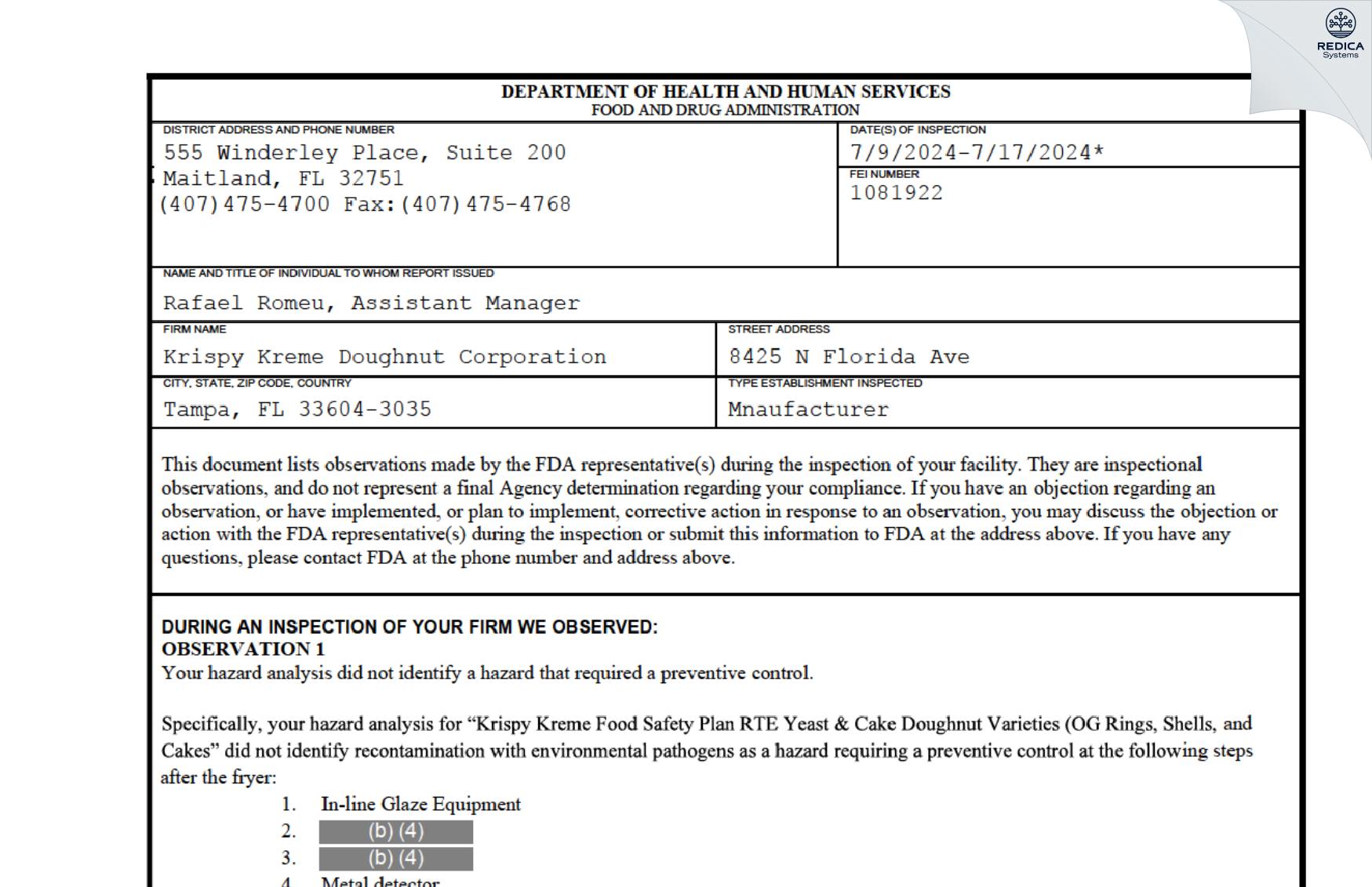 FDA 483 - Gulf Florida Doughnut Corp. dba Krispy Kreme Doughnut Co. [Tampa / United States of America] - Download PDF - Redica Systems