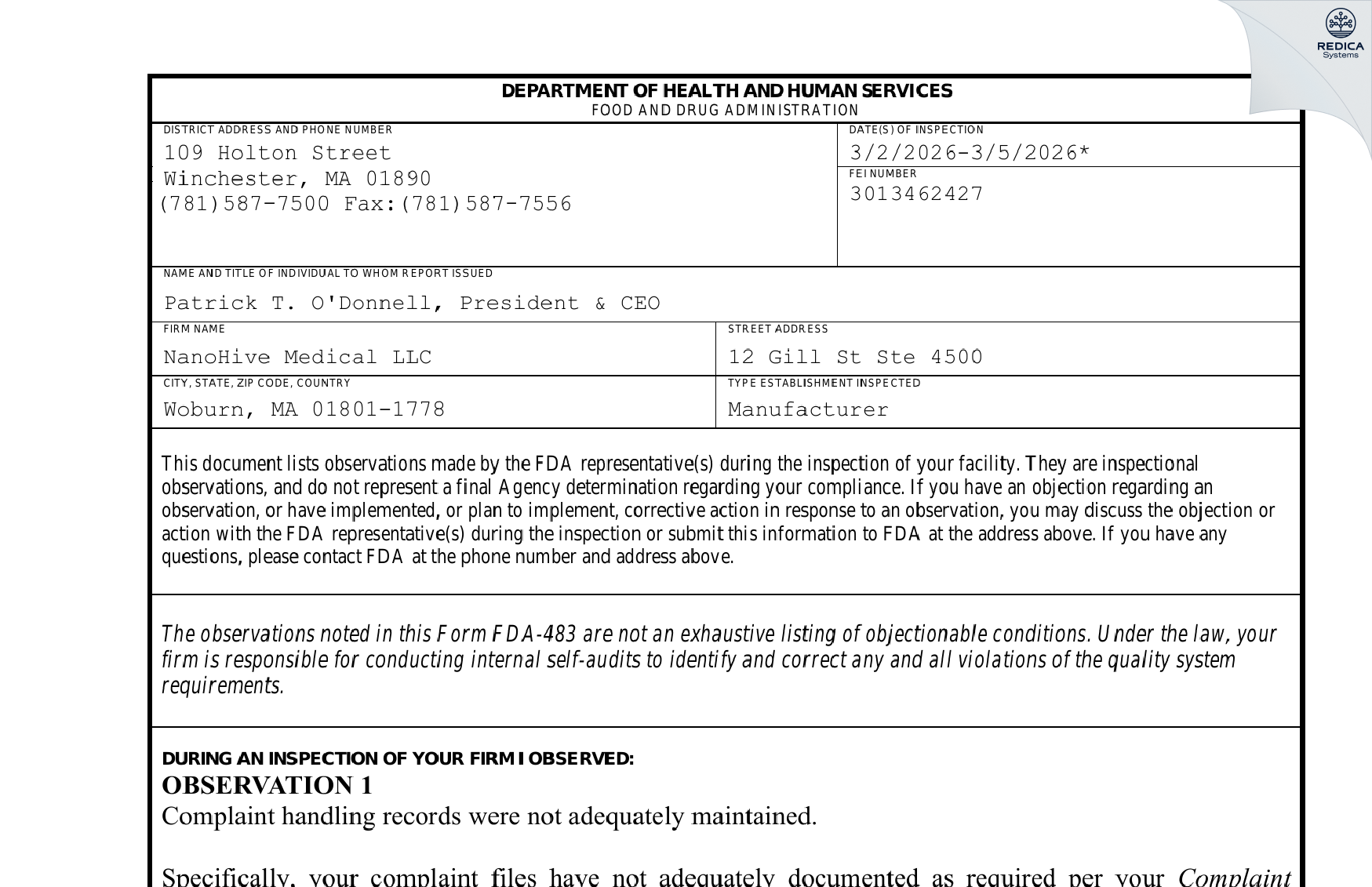 FDA 483 - HD LifeSciences, LLC [Woburn / United States of America] - Download PDF - Redica Systems