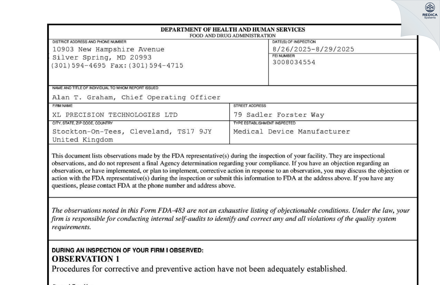 FDA 483 - XL PRECISION TECHNOLOGIES LTD [Stockton-On-Tees / United Kingdom of Great Britain and Northern Ireland] - Download PDF - Redica Systems