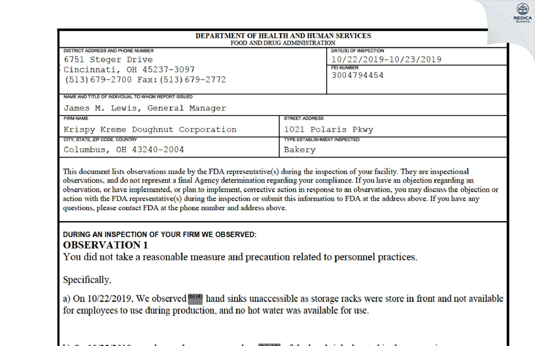 FDA 483 - Krispy Kreme Doughnut Corporation [Columbus / United States of America] - Download PDF - Redica Systems