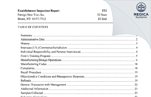 EIR - Perrigo New York, Inc. [Bronx / United States of America] - Download PDF - Redica Systems