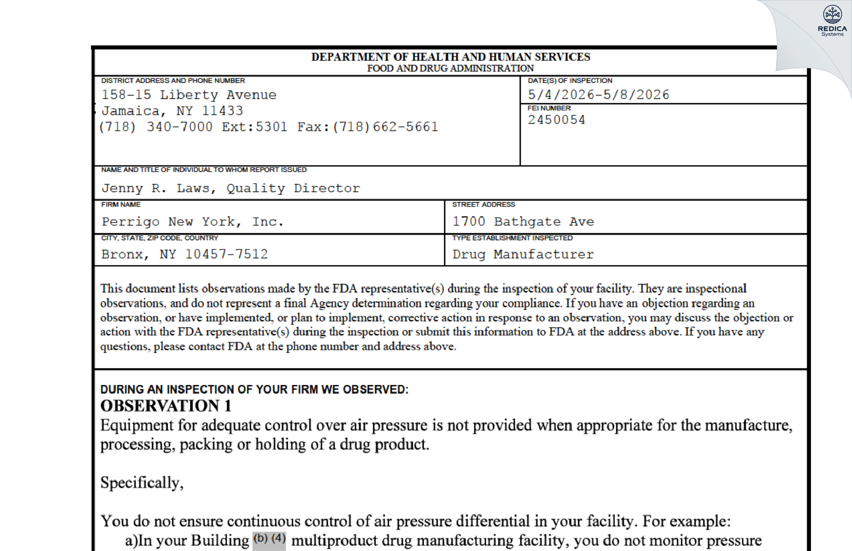 FDA 483 - Perrigo New York, Inc. [Bronx / United States of America] - Download PDF - Redica Systems