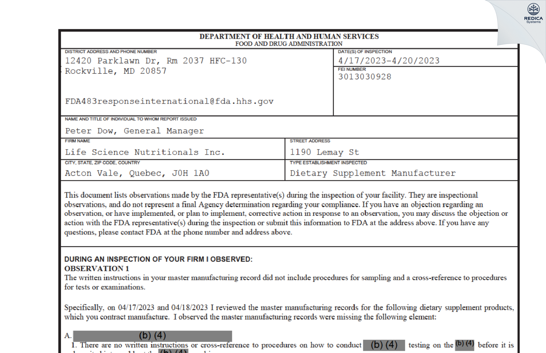 FDA 483 - Life Science Nutritionals Inc. [Acton Vale / Canada] - Download PDF - Redica Systems