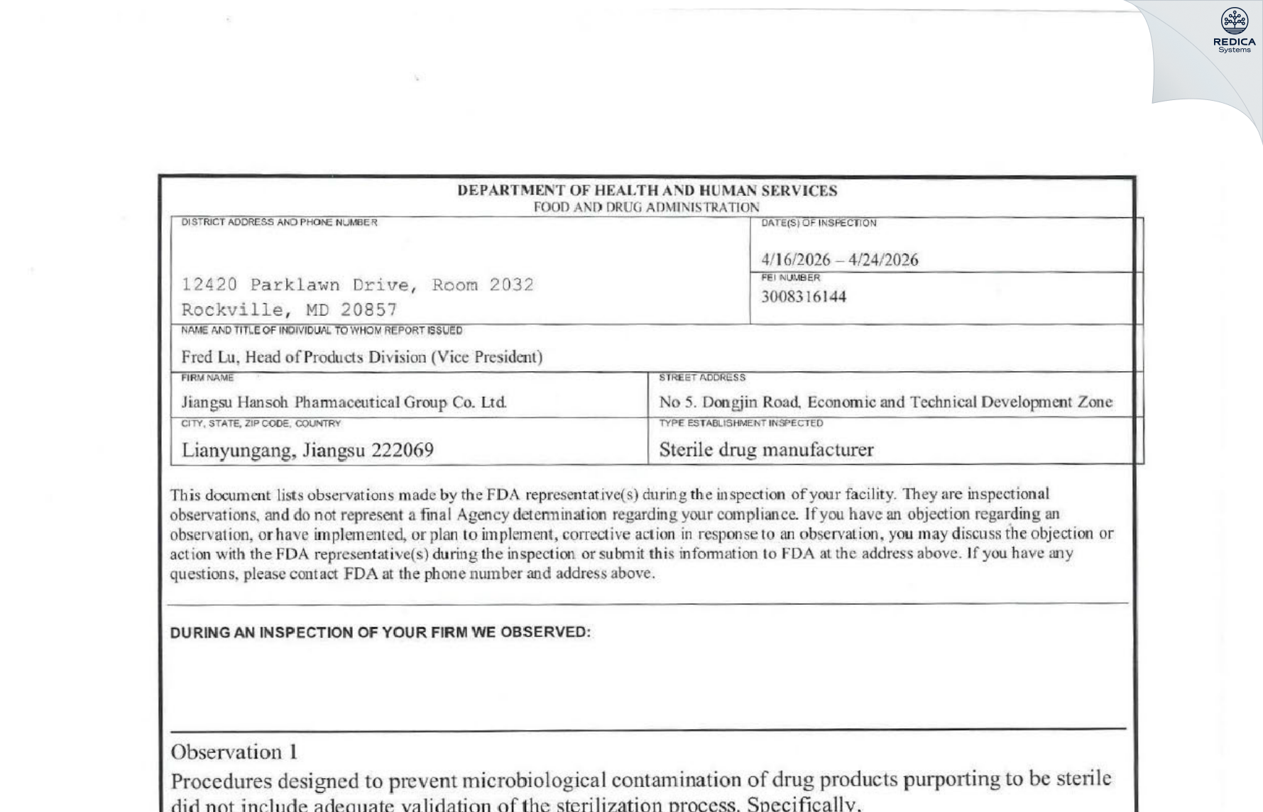 FDA 483 - Jiangsu Hansoh Pharmaceutical Group Co., Ltd. [Lianyungang / China] - Download PDF - Redica Systems