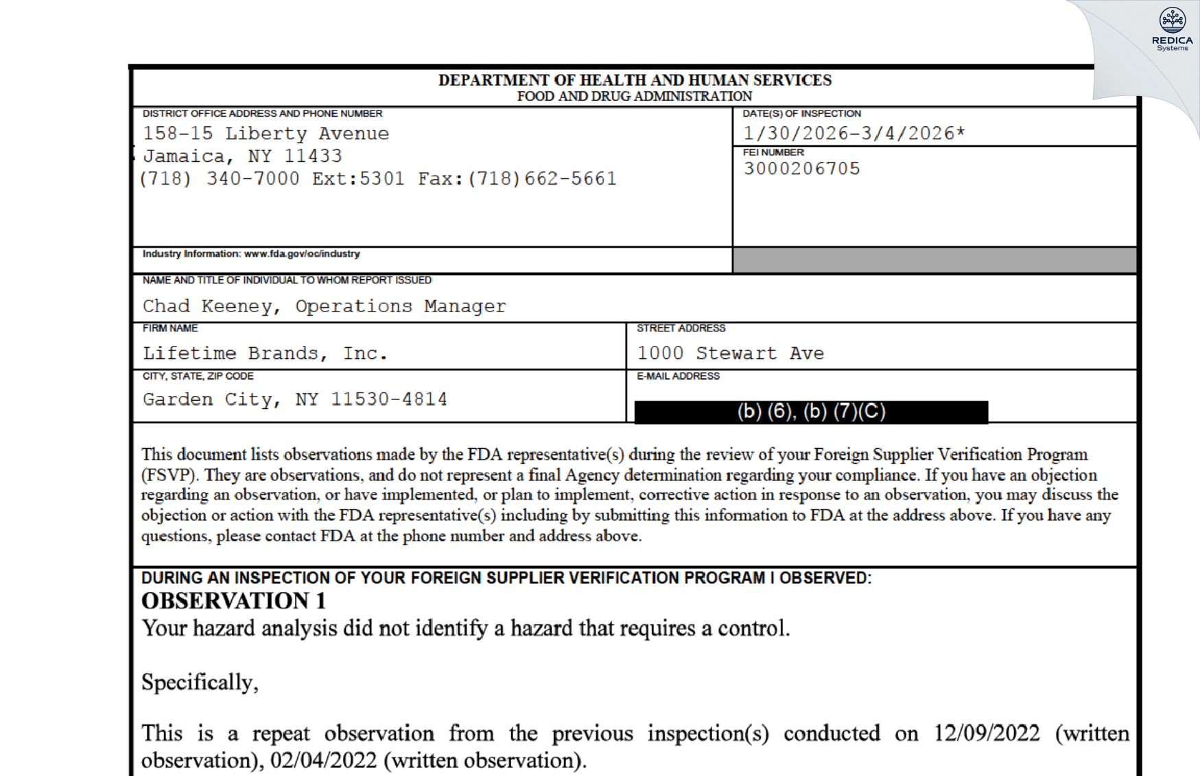 FDA 483 - Lifetime Brands, Inc. [Garden City / United States of America] - Download PDF - Redica Systems