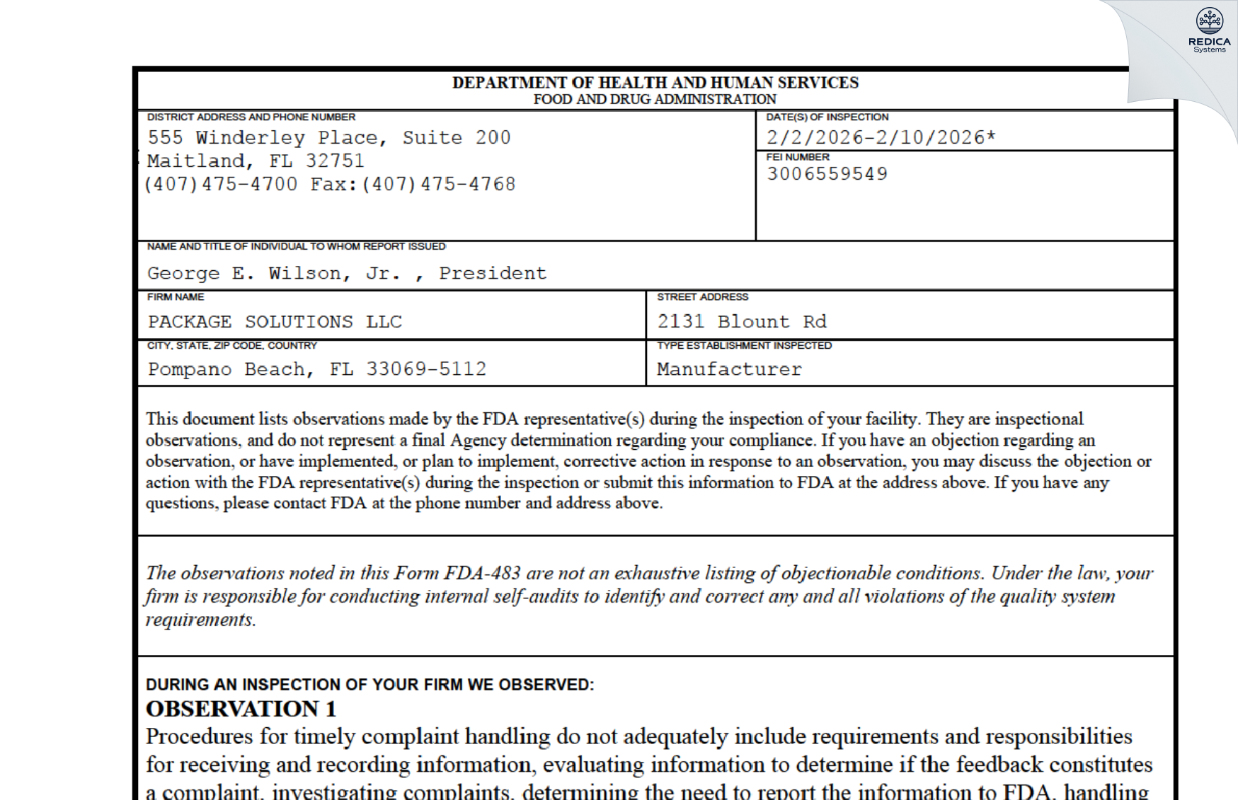FDA 483 - PACKAGE SOLUTIONS LLC [Pompano Beach / United States of America] - Download PDF - Redica Systems