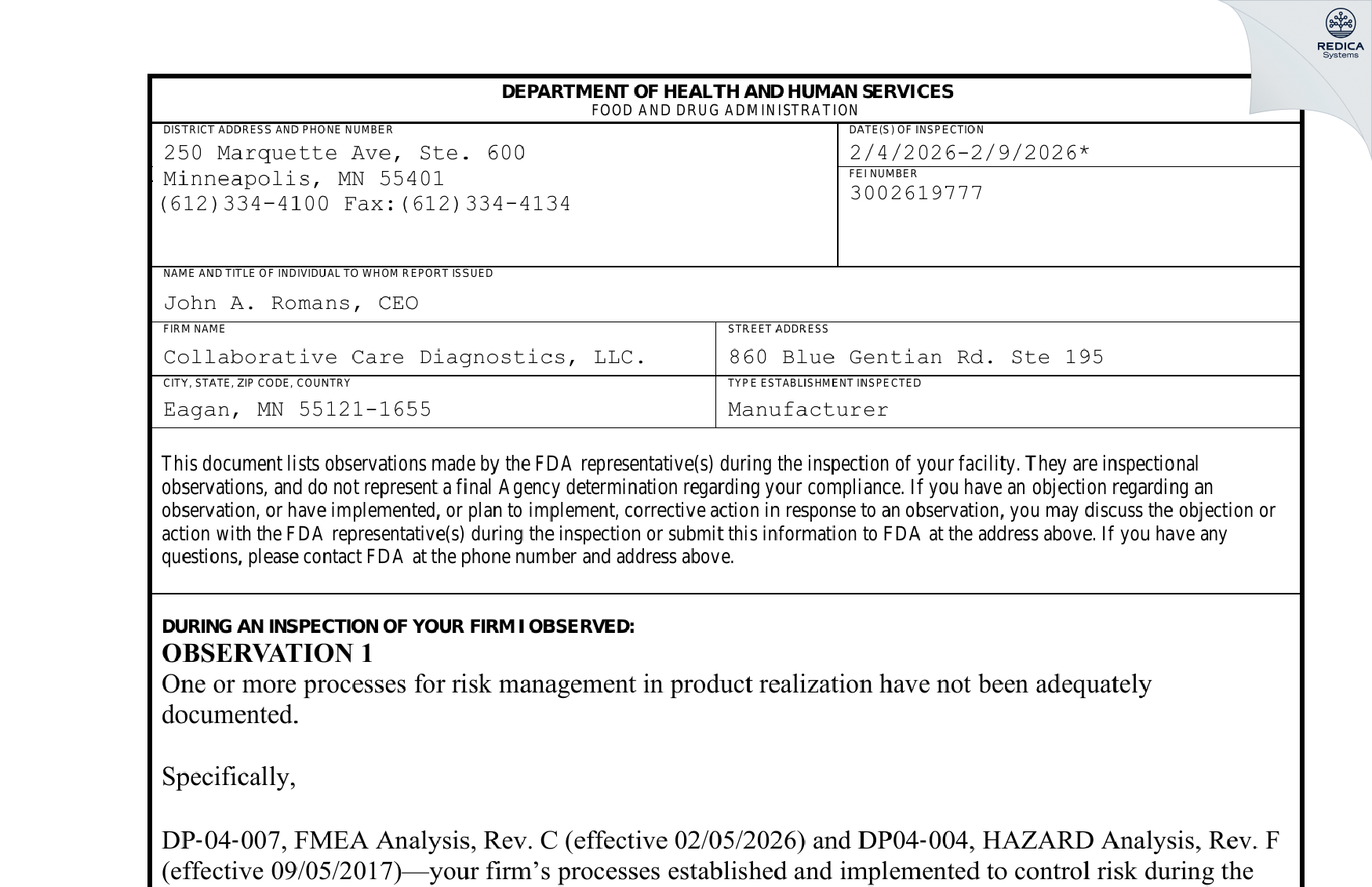 FDA 483 - Collaborative Care Diagnostics, LLC dba BioMedix [Saint Paul / United States of America] - Download PDF - Redica Systems