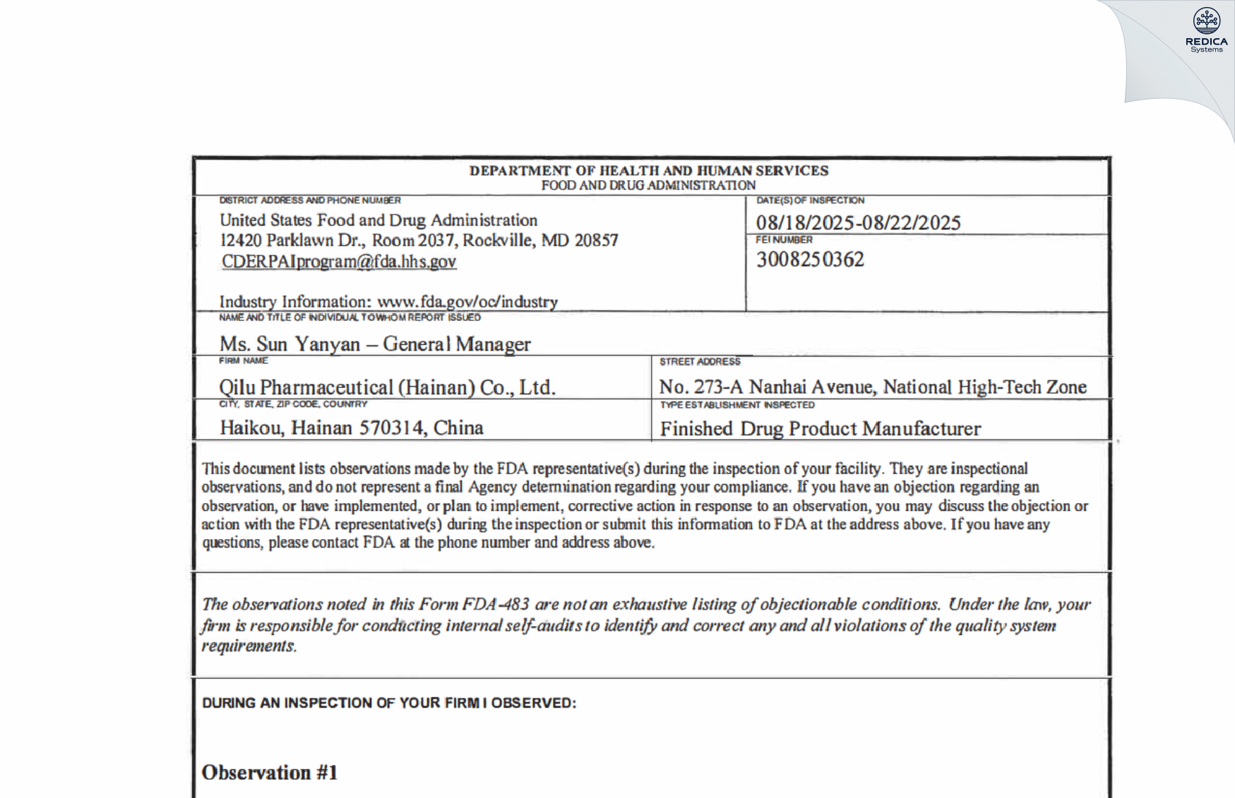 FDA 483 - Qilu Pharmaceutical (Hainan) Co., Ltd. [Haikou / China] - Download PDF - Redica Systems