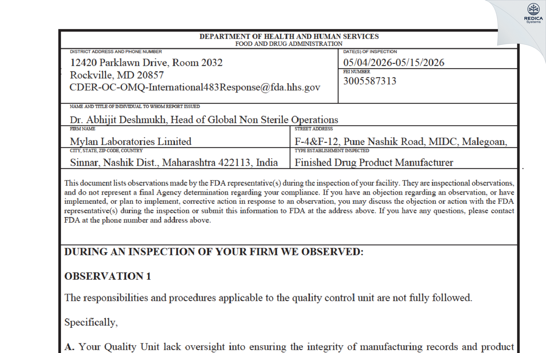 FDA 483 - Mylan Laboratories Limited [Sinnar / India] - Download PDF - Redica Systems