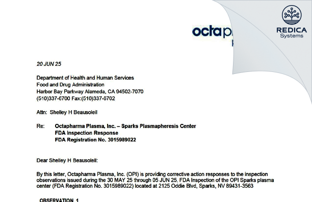 FDA 483 Response - Octapharma Plasma Inc. [Sparks / United States of America] - Download PDF - Redica Systems