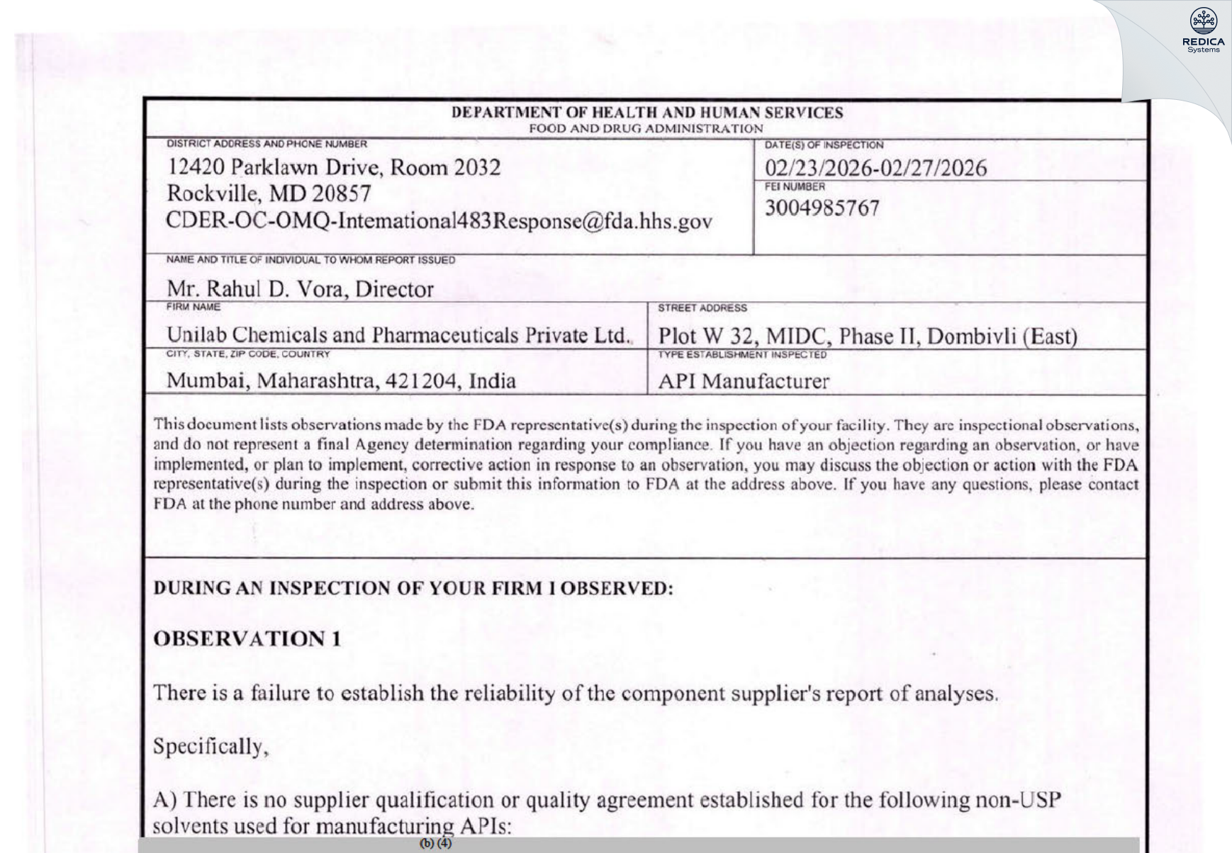 FDA 483 - Unilab Chemicals and Pharmaceuticals Private Limited [Dombivli / India] - Download PDF - Redica Systems