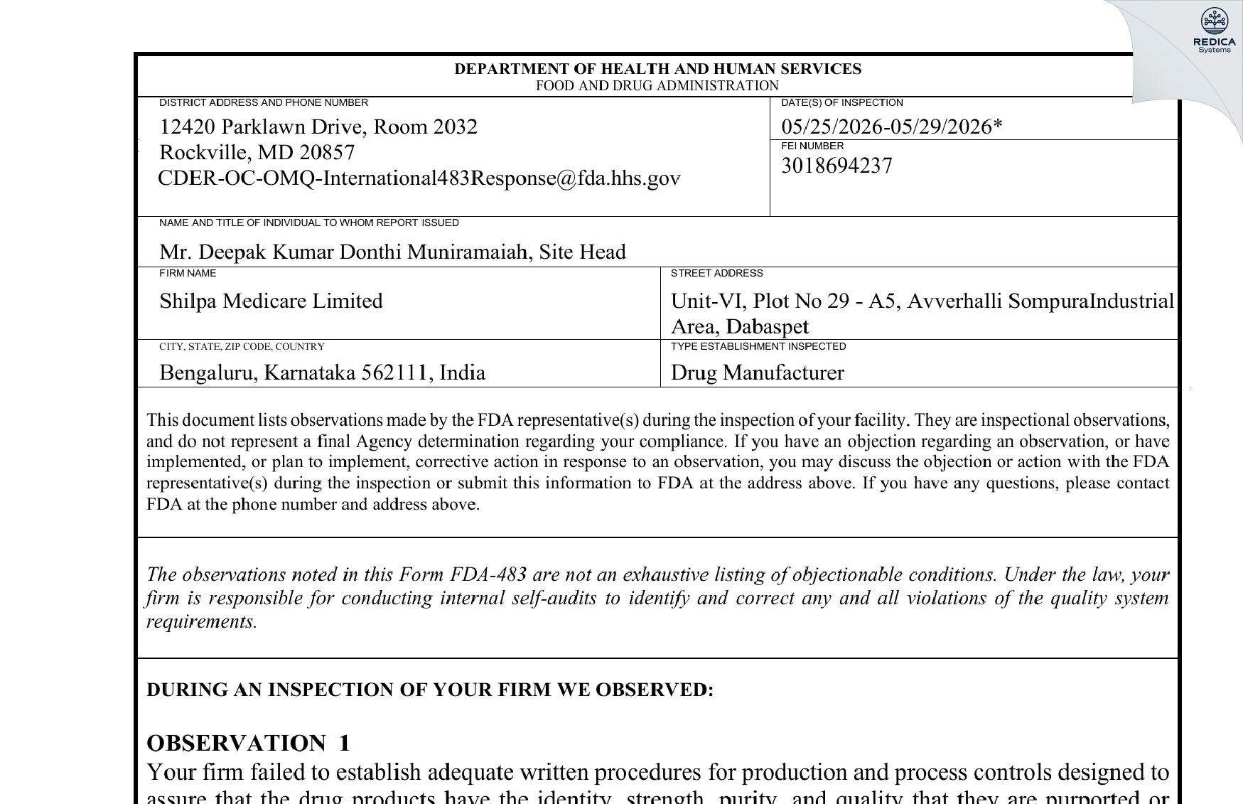 FDA 483 - SHILPA MEDICARE LIMITED [Nelamangala Sub-District / India] - Download PDF - Redica Systems