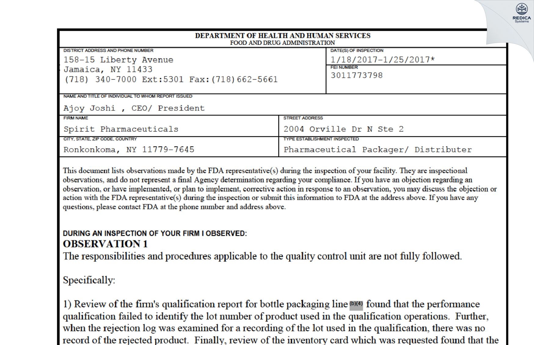 FDA 483 - Spirit Pharmaceuticals LLC [Ronkonkoma / United States of America] - Download PDF - Redica Systems