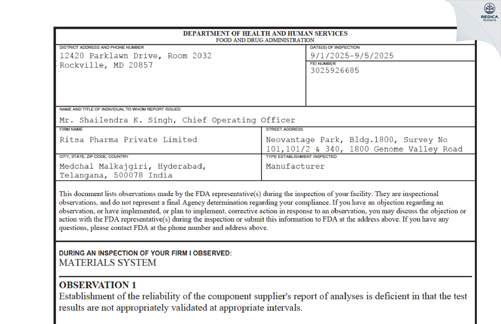 FDA 483 - Ritsa Pharma Private Limited [Hyderabad / India] - Download PDF - Redica Systems