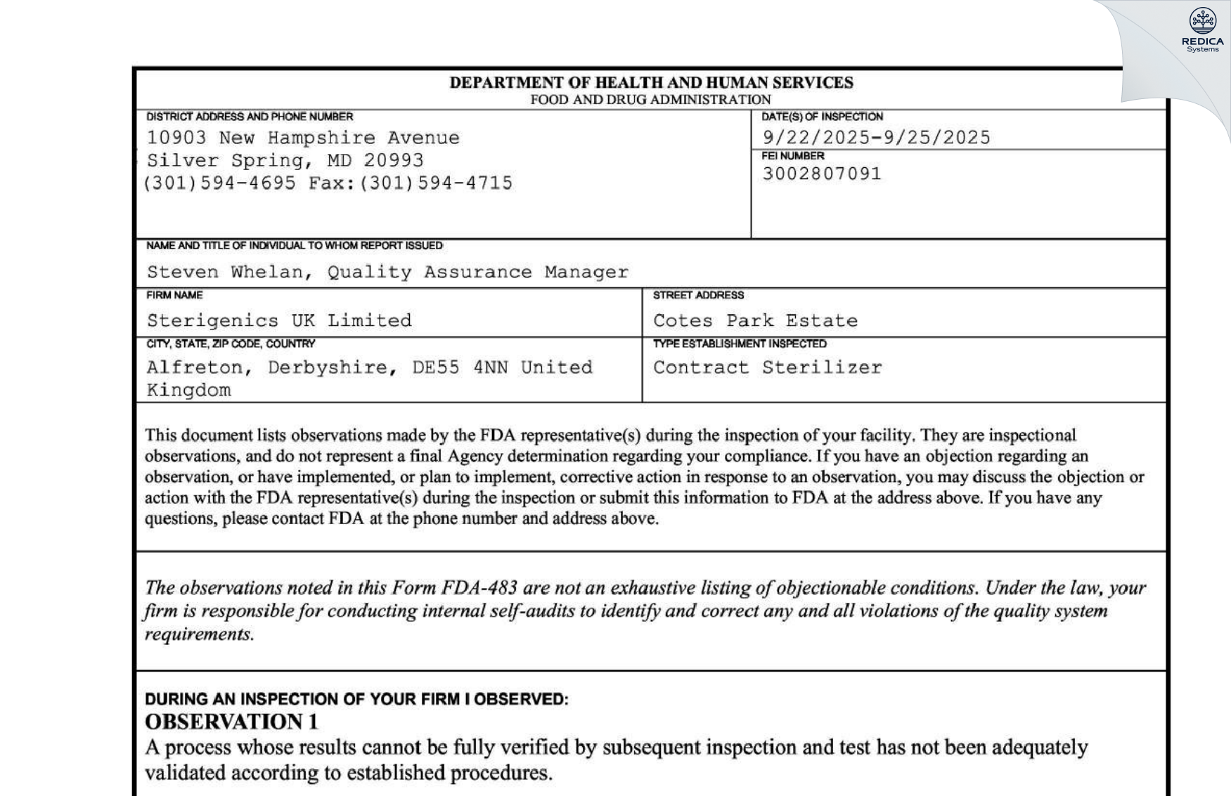 FDA 483 - Sterigenics UK Limited [Alfreton / United Kingdom of Great Britain and Northern Ireland] - Download PDF - Redica Systems