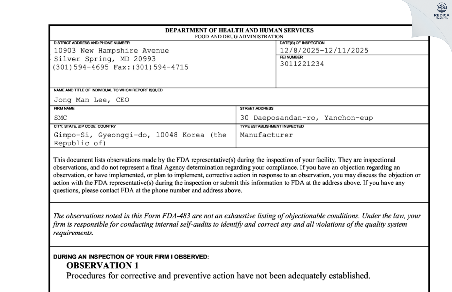 FDA 483 - SMC [Hanyang / Korea (Republic of)] - Download PDF - Redica Systems