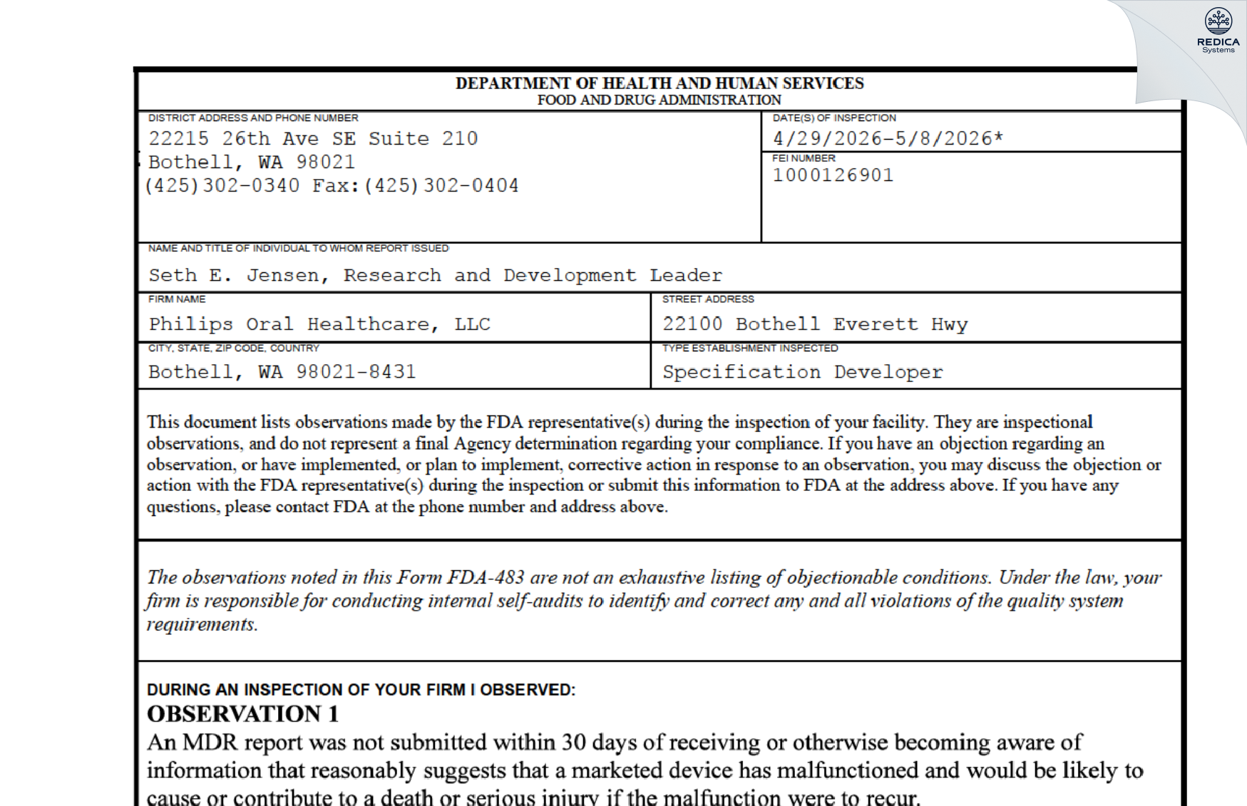 FDA 483 - Philips Oral Healthcare Inc [Bothell / United States of America] - Download PDF - Redica Systems