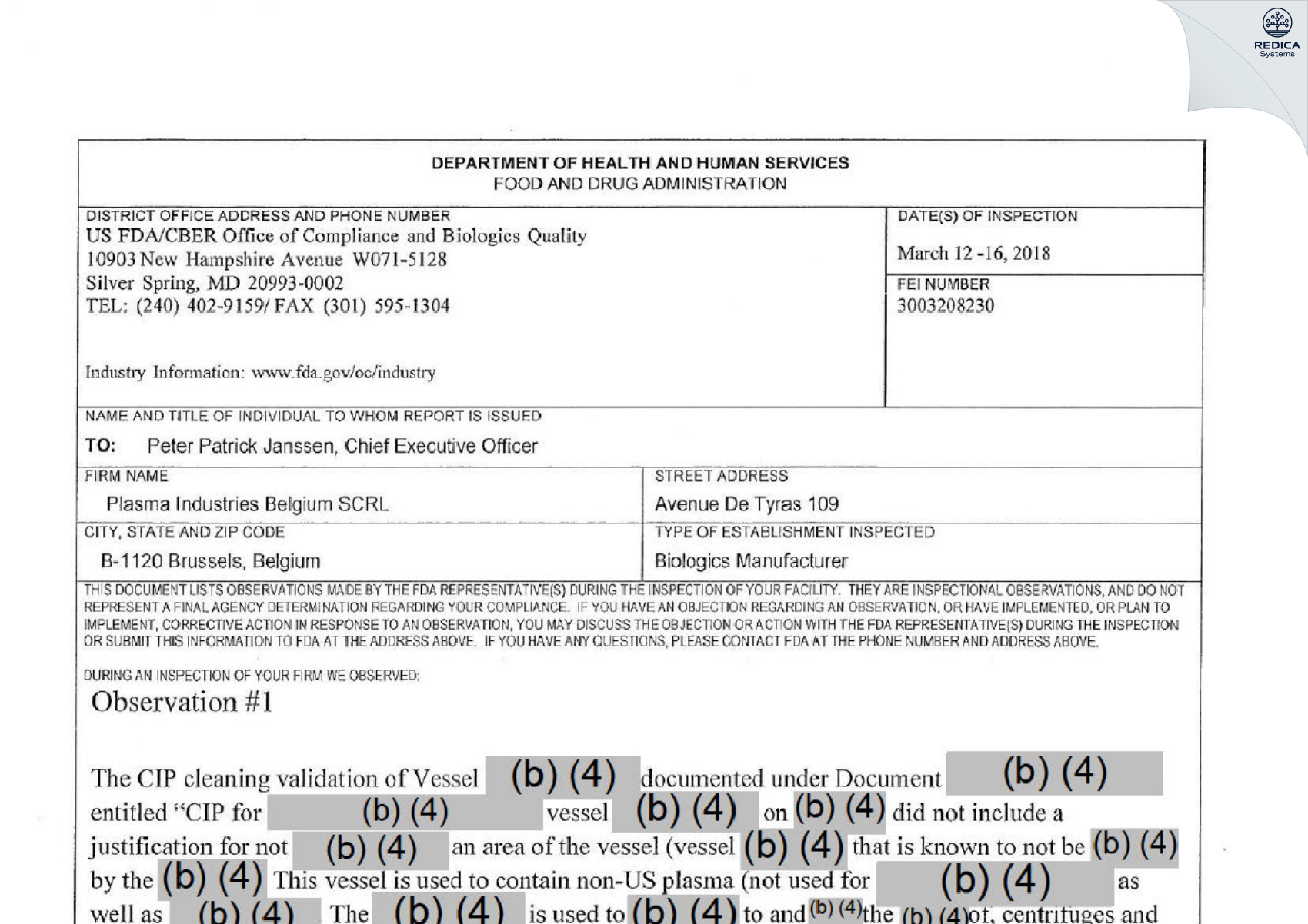 FDA 483 - Prothya Biosolutions Belgium [Bruxelles / Belgium] - Download PDF - Redica Systems