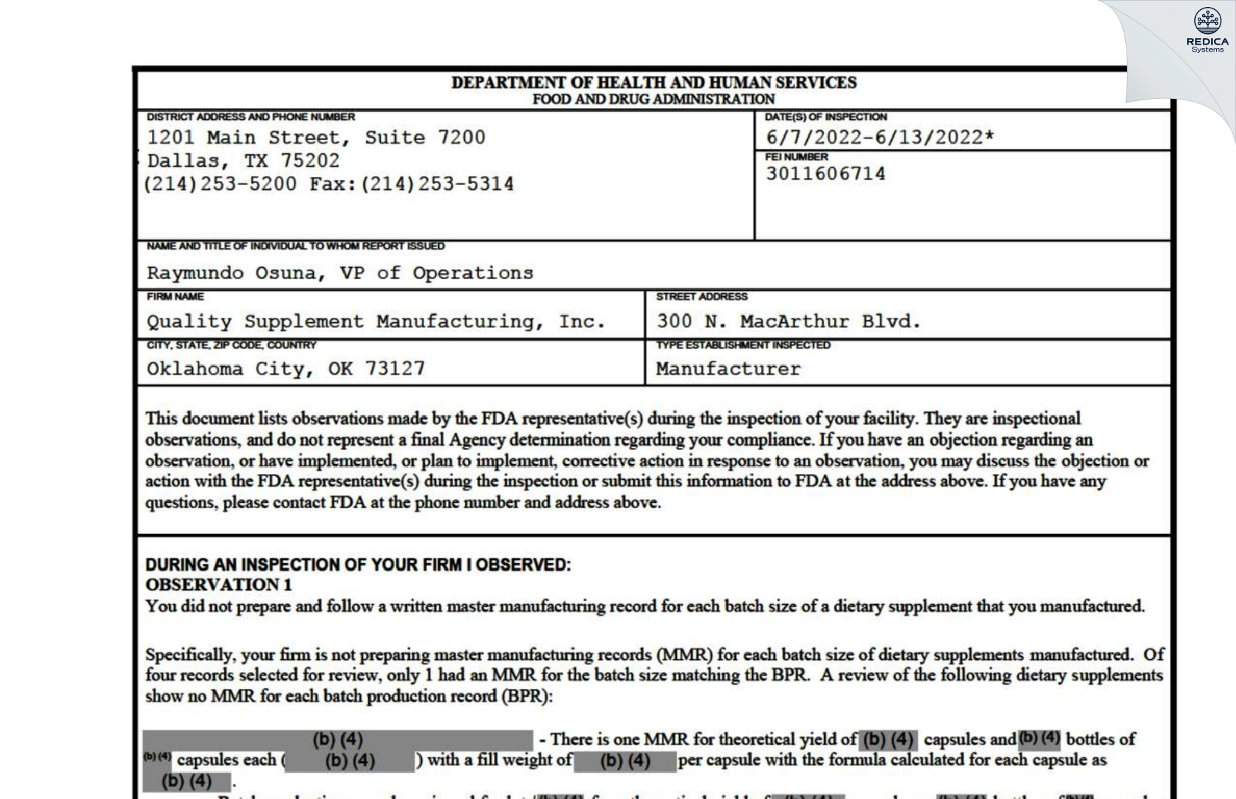 FDA 483 - Quality Supplement Manufacturing, Inc. [Oklahoma City / United States of America] - Download PDF - Redica Systems