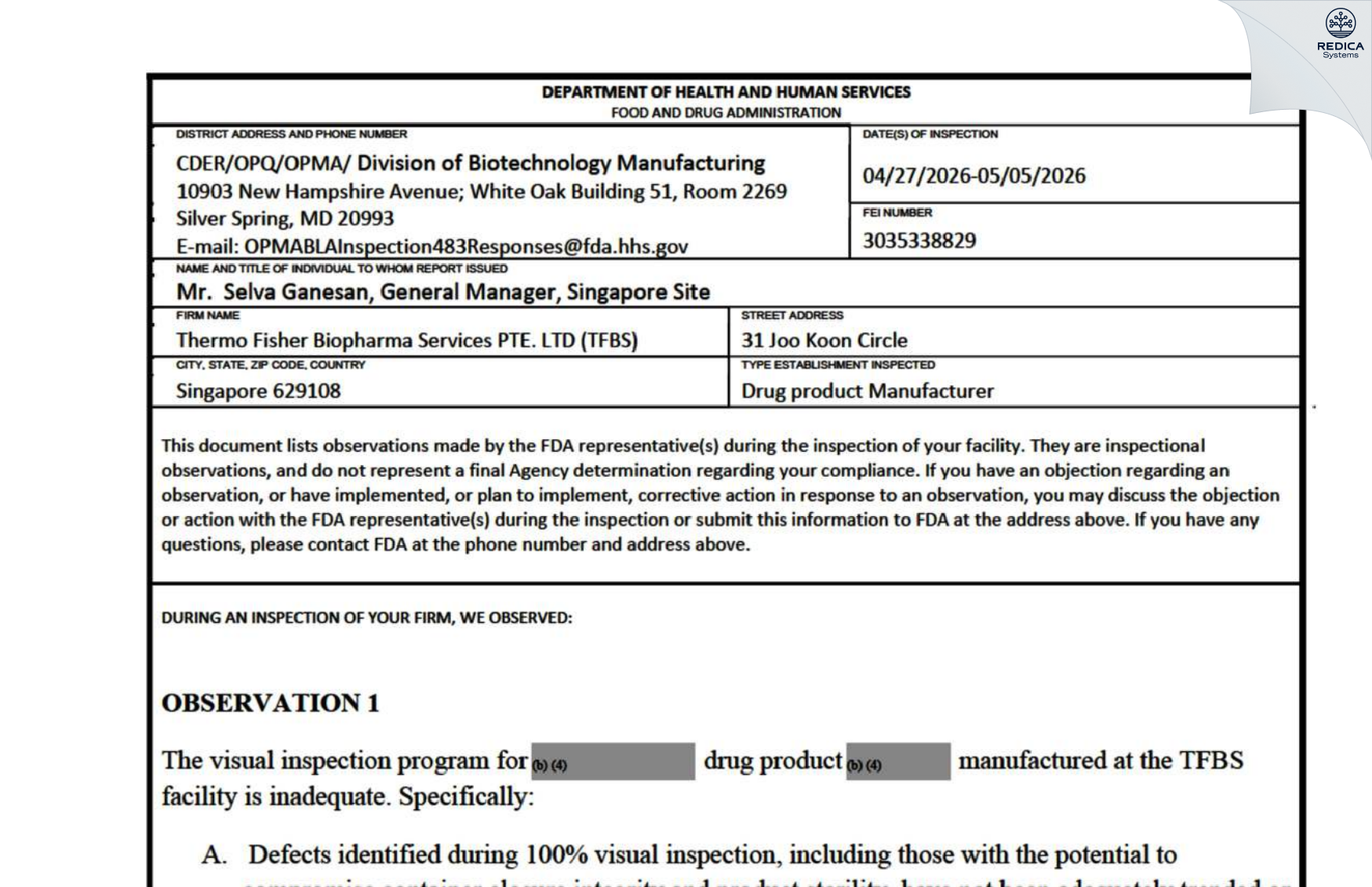 FDA 483 - Thermo Fisher Biopharma Services PTE. LTD [Singapore / Singapore] - Download PDF - Redica Systems
