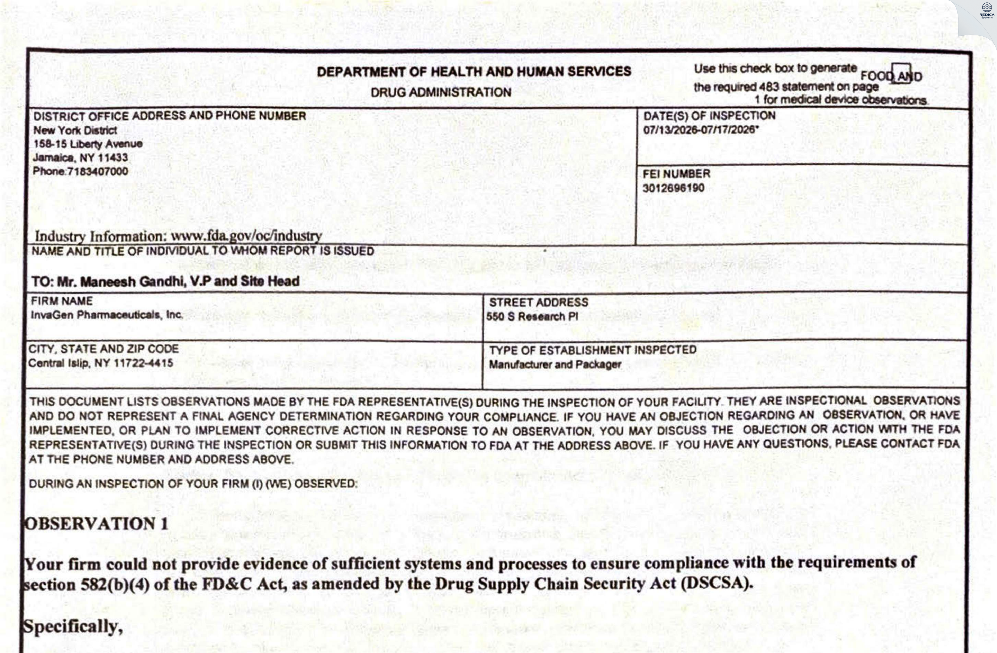 FDA 483 - InvaGen Pharmaceuticals, Inc [Central Islip / United States of America] - Download PDF - Redica Systems
