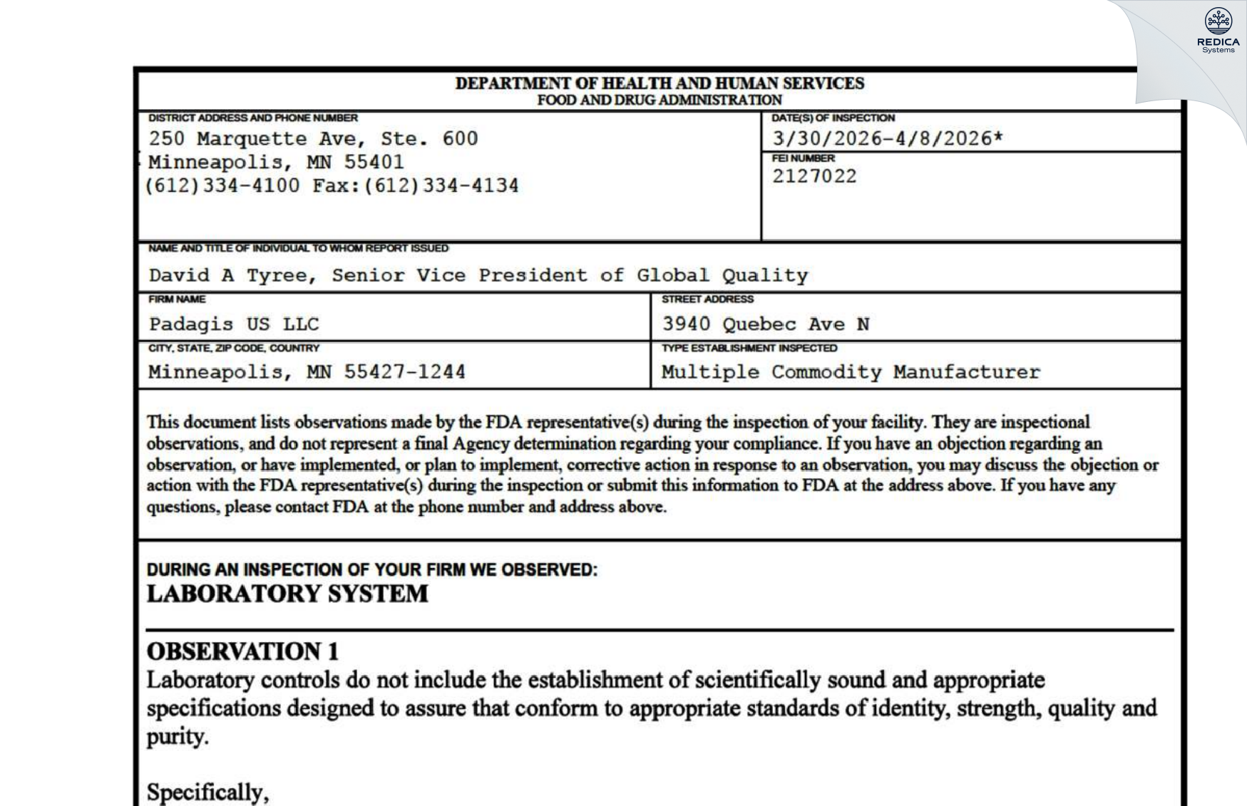 FDA 483 - Padagis US LLC [Minneapolis / United States of America] - Download PDF - Redica Systems