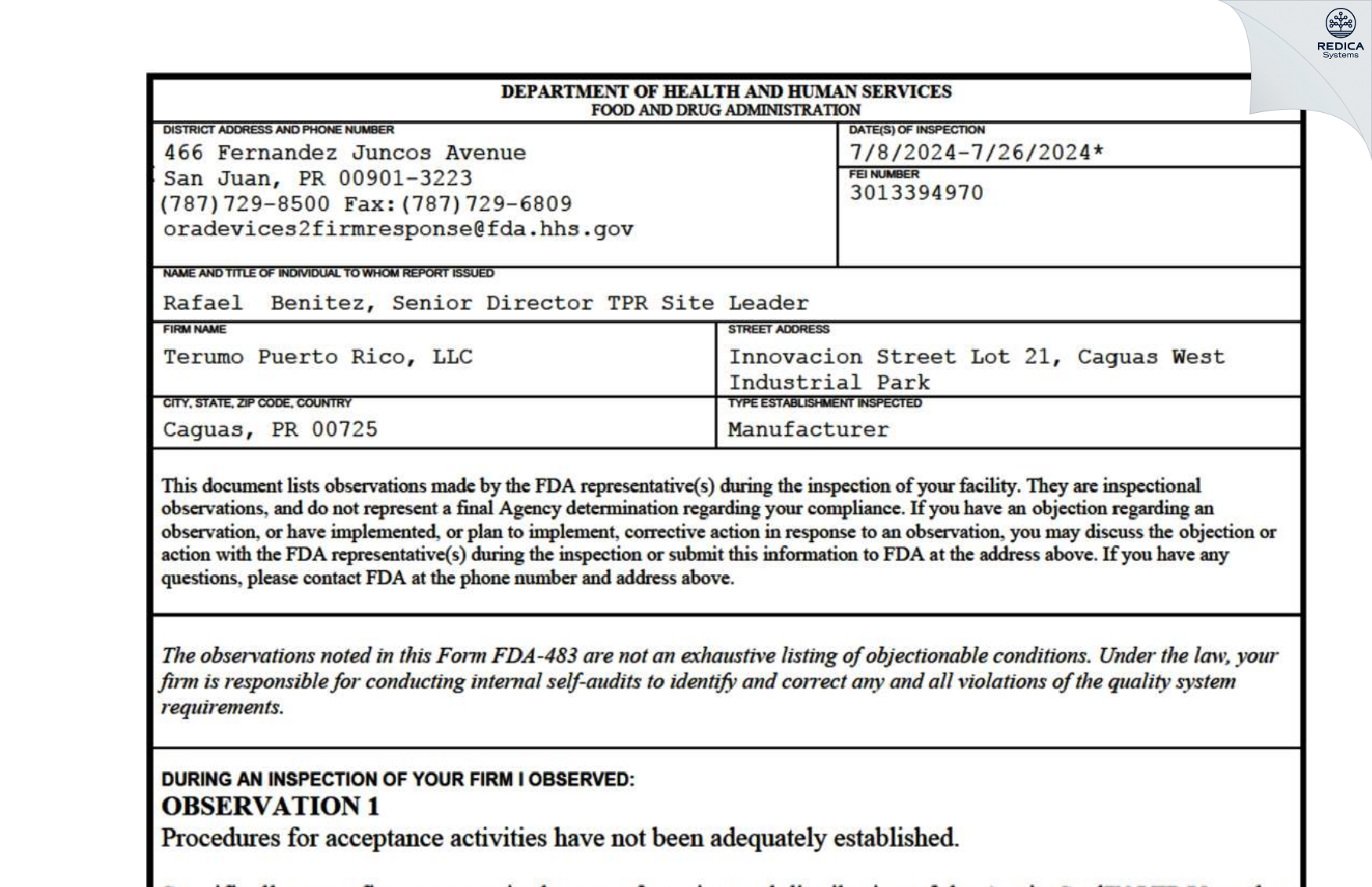 FDA 483 - Terumo Puerto Rico, LLC [Caguas / Puerto Rico] - Download PDF - Redica Systems