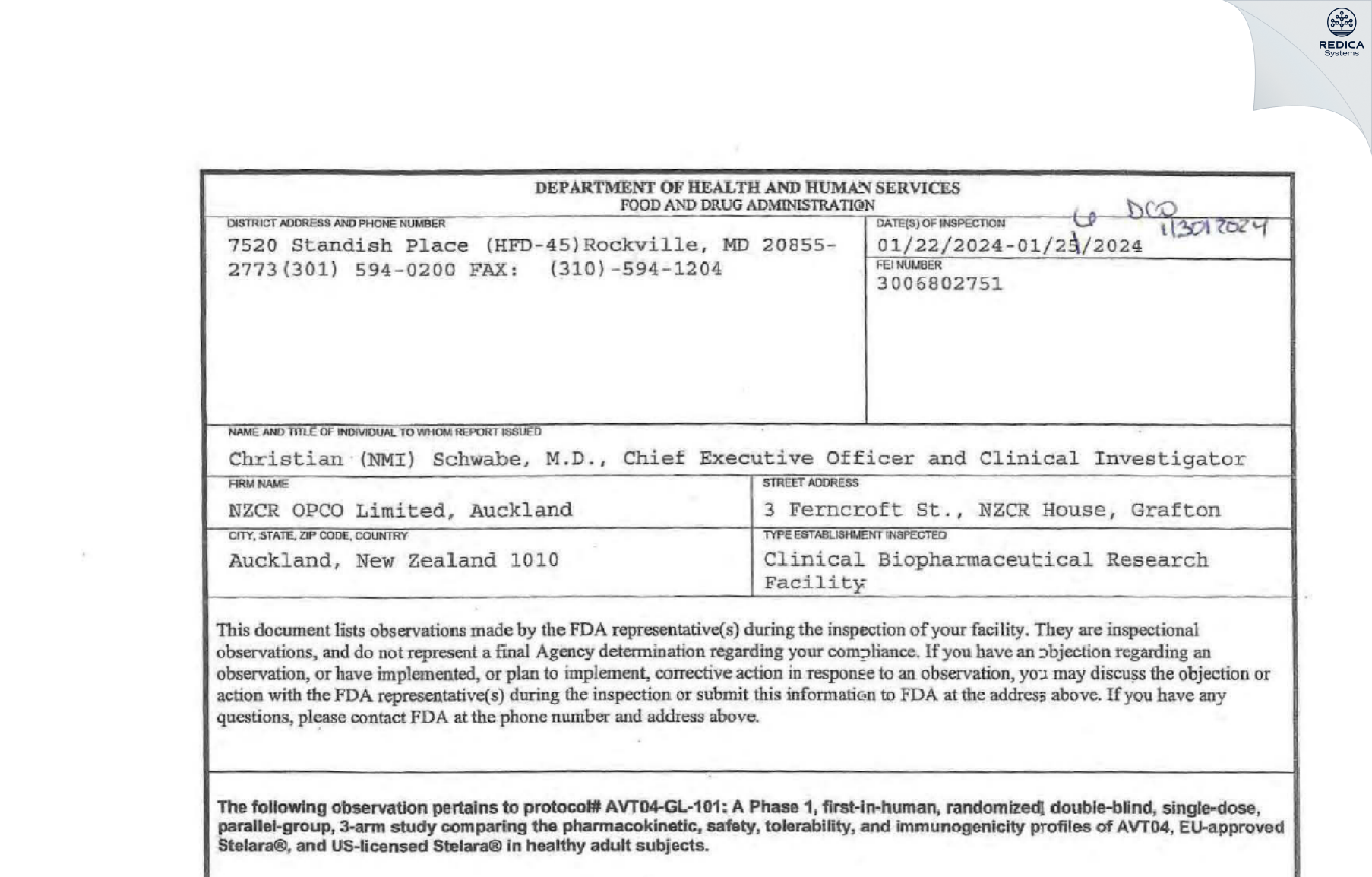 FDA 483 - NZCR OPCP Ltd [Auckland / New Zealand] - Download PDF - Redica Systems