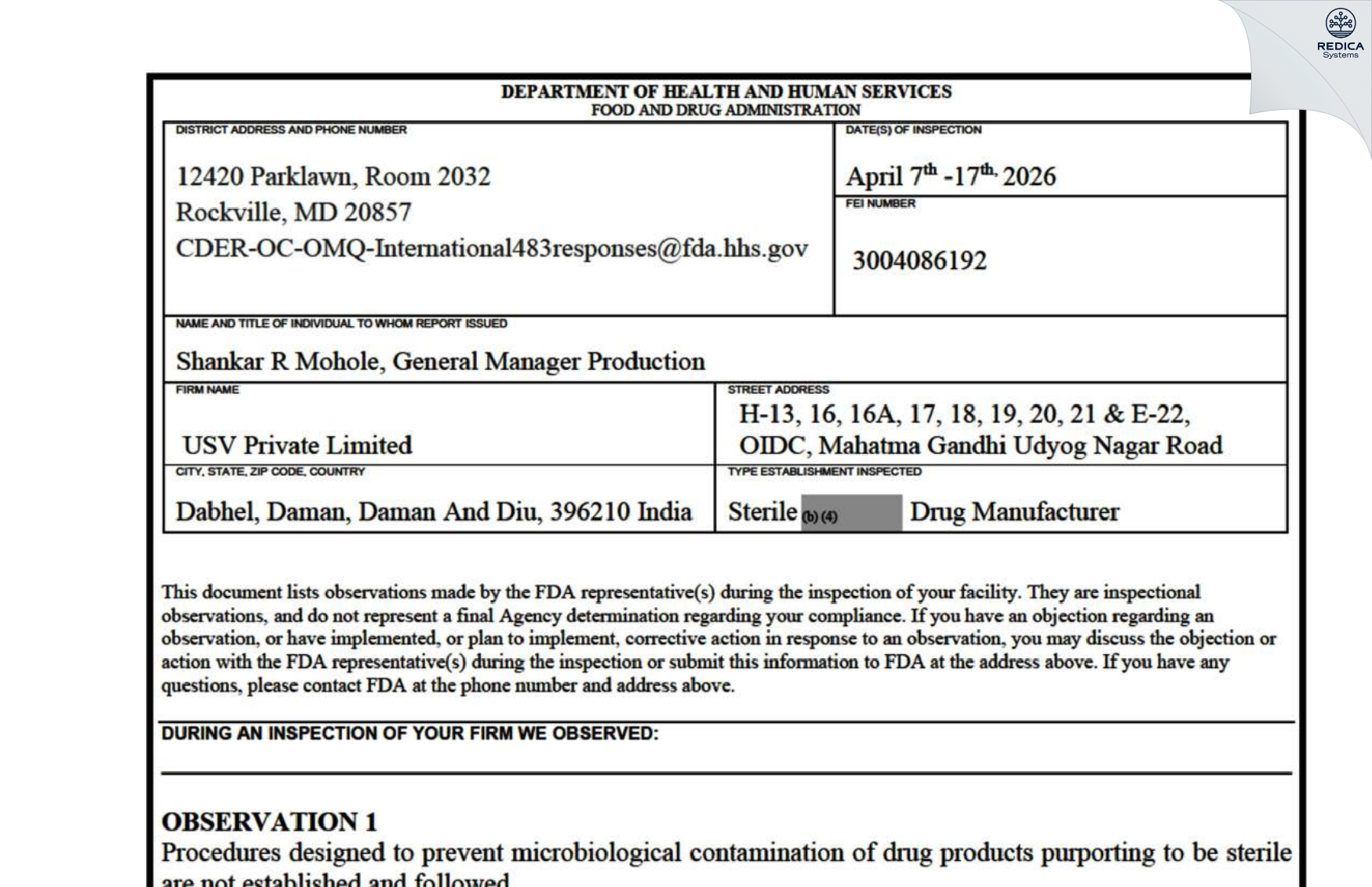 FDA 483 - USV Private Limited [Daman / India] - Download PDF - Redica Systems