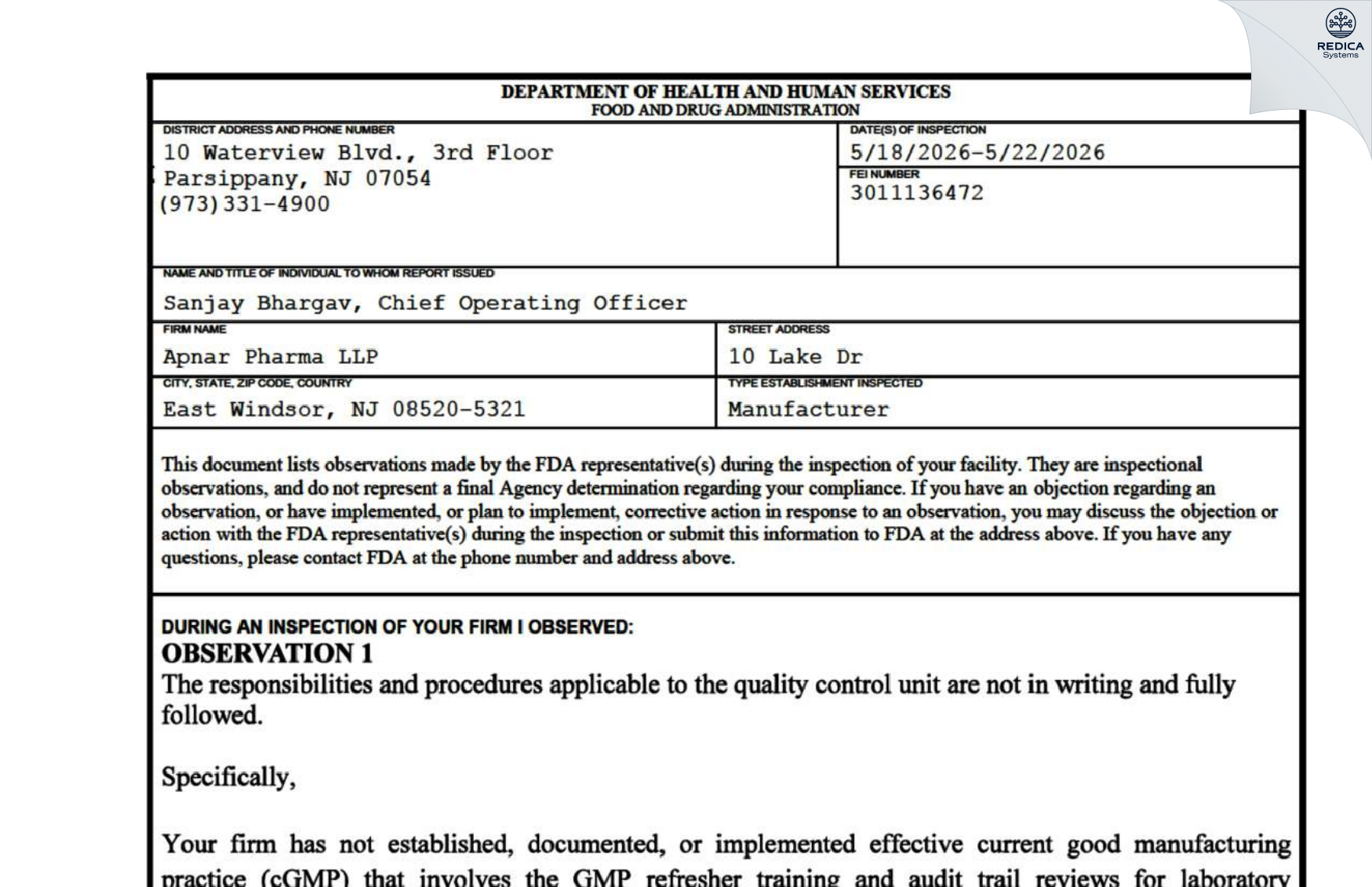 FDA 483 - APNAR PHARMA LLP [East Windsor / United States of America] - Download PDF - Redica Systems
