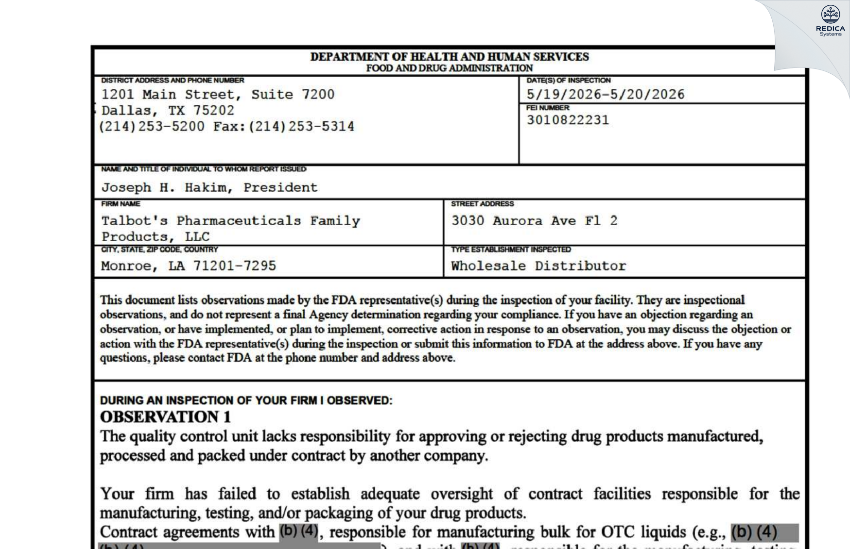 FDA 483 - Talbot’s Pharmaceuticals Family Products, LLC. [Monroe / United States of America] - Download PDF - Redica Systems