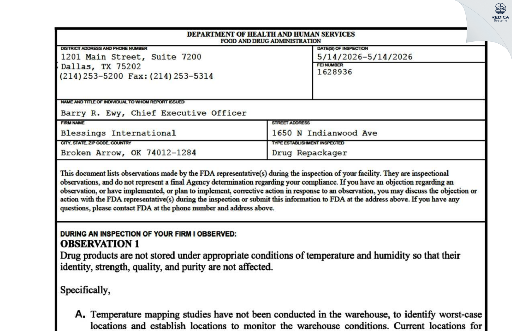 FDA 483 - Blessings International [Broken Arrow / United States of America] - Download PDF - Redica Systems