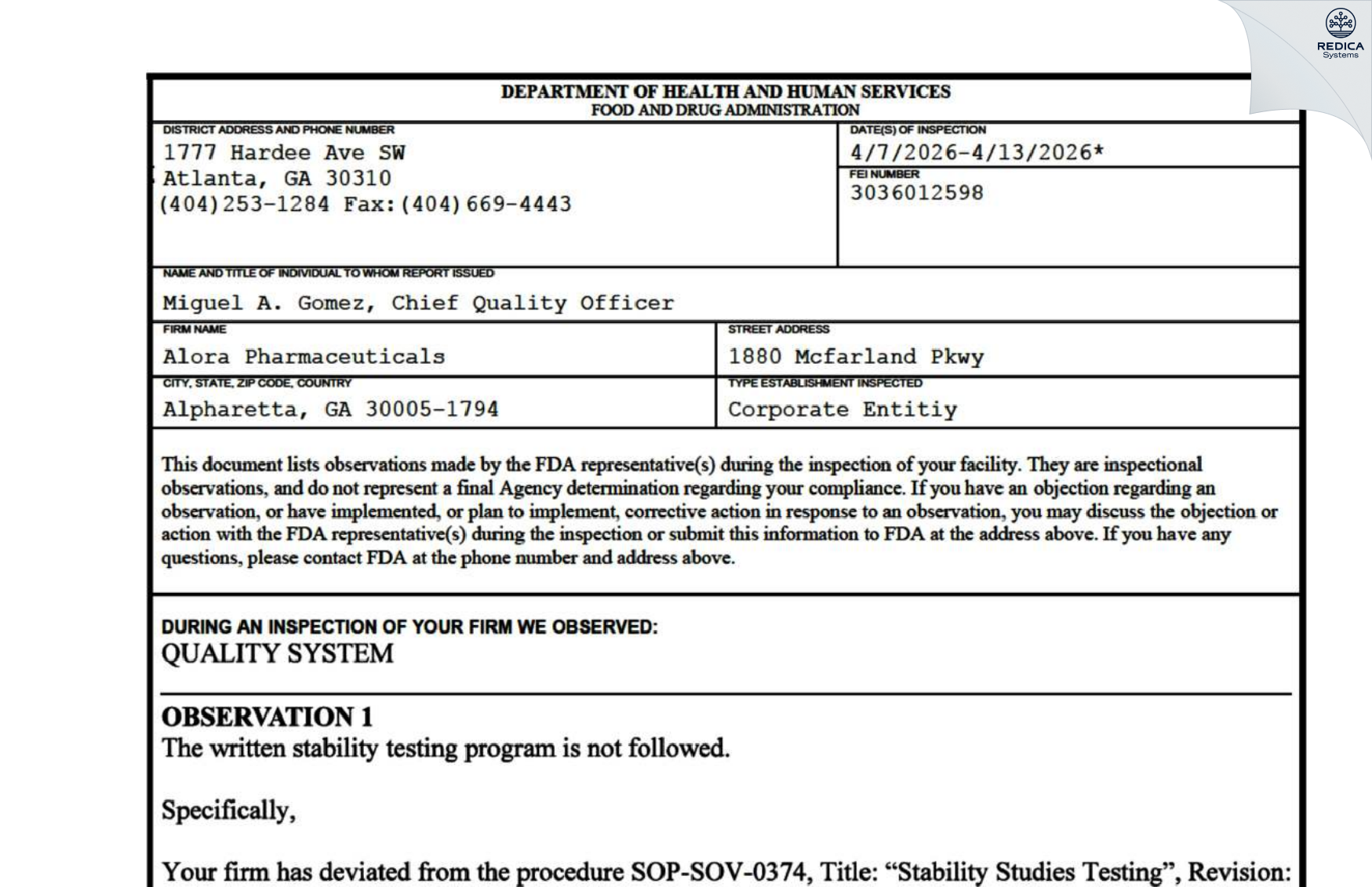 FDA 483 - Alora Pharmaceuticals, LLC [Alpharetta / United States of America] - Download PDF - Redica Systems