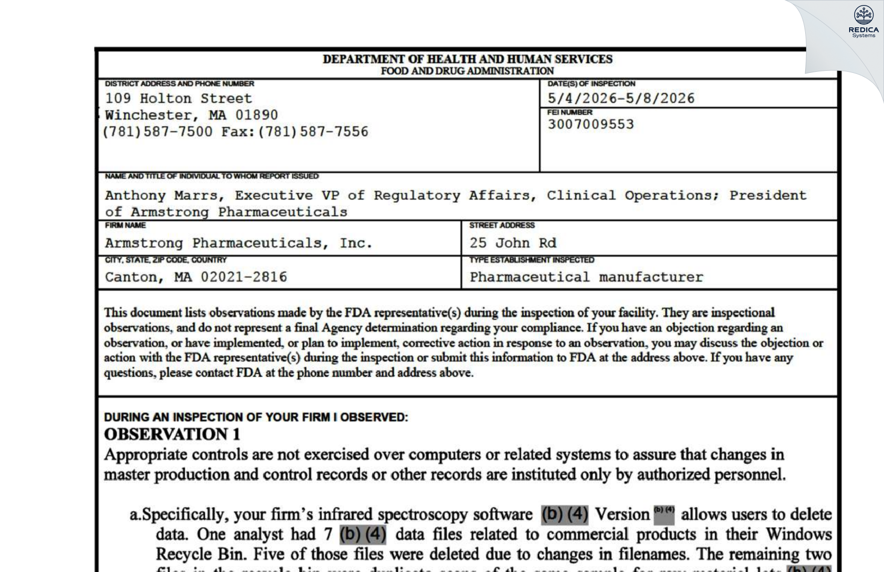 FDA 483 - Armstrong Pharmaceuticals, Inc. [Canton / United States of America] - Download PDF - Redica Systems