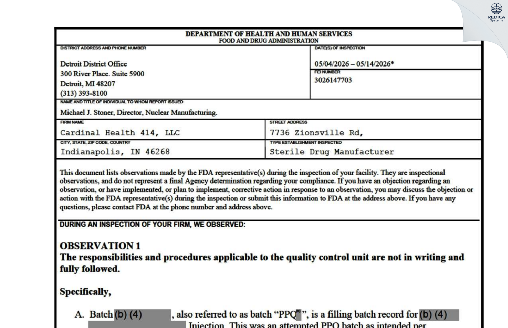 FDA 483 - Cardinal Health [Indianapolis / United States of America] - Download PDF - Redica Systems