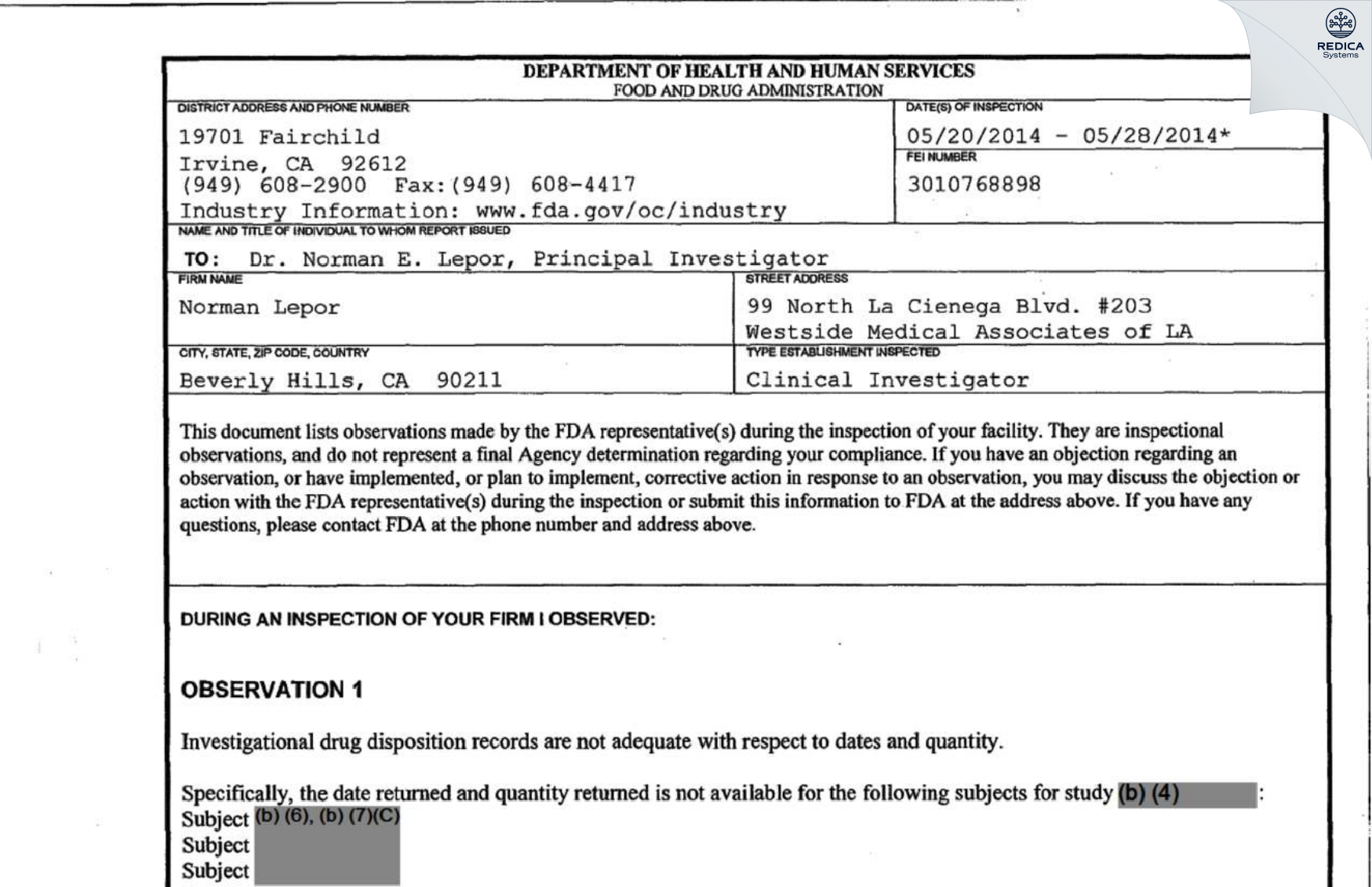 FDA 483 - Norman Lepor [Beverly Hills / United States of America] - Download PDF - Redica Systems