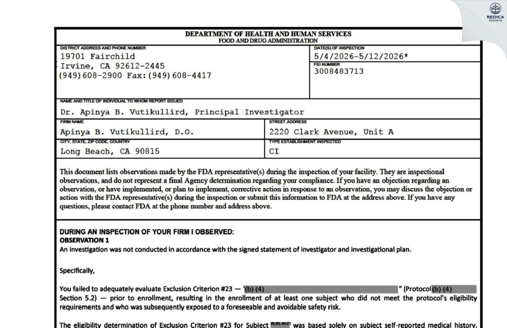 FDA 483 - Apinya B. Vutikullird, D.O. [Cypress / United States of America] - Download PDF - Redica Systems