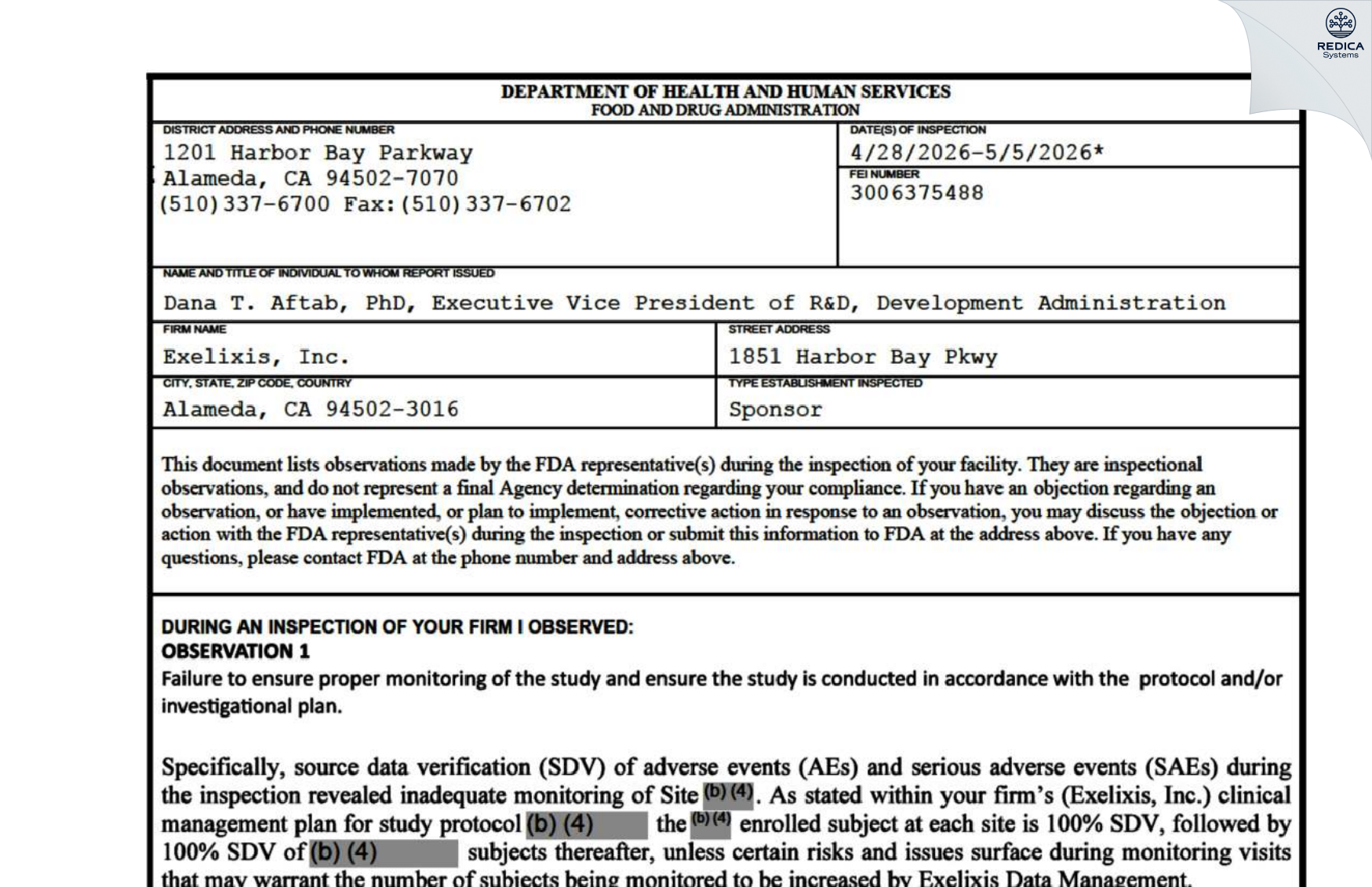 FDA 483 - Exelixis, Inc. [Alameda / United States of America] - Download PDF - Redica Systems