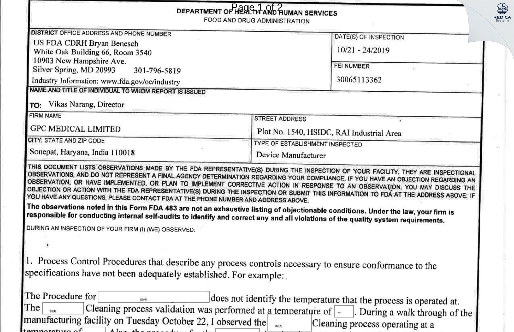FDA 483 - GPC MEDICAL LIMITED [Sector 38 / India] - Download PDF - Redica Systems