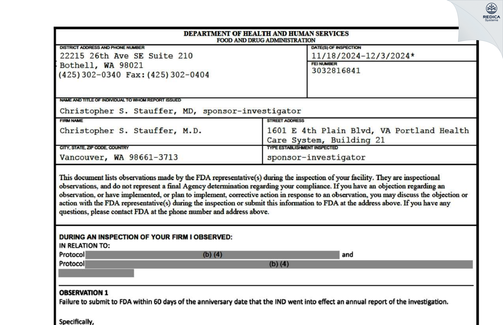 FDA 483 - Christopher Stauffer, M.D. [Vancouver / United States of America] - Download PDF - Redica Systems