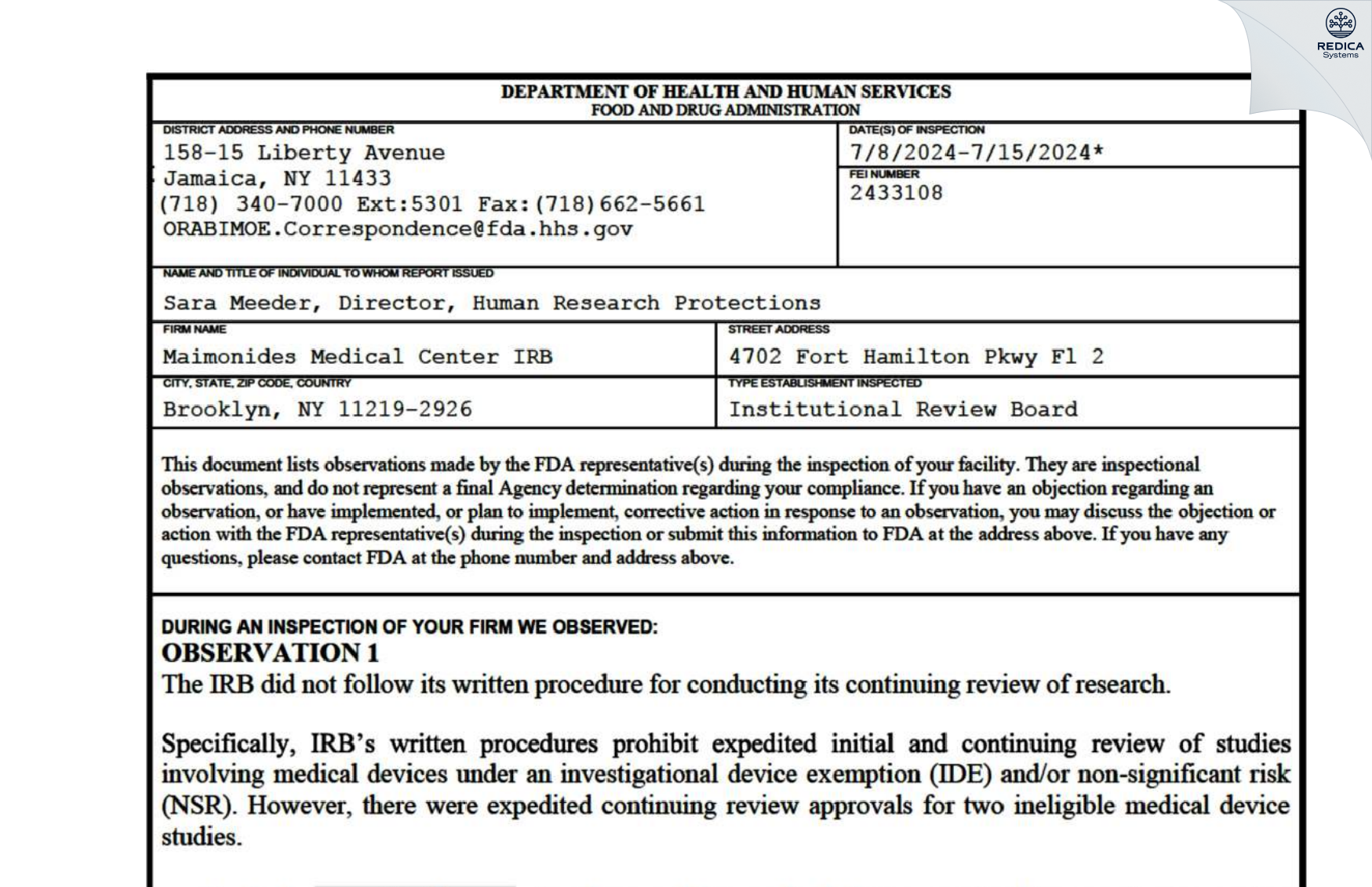 FDA 483 - Maimonides Medical Center IRB [Brooklyn / United States of America] - Download PDF - Redica Systems